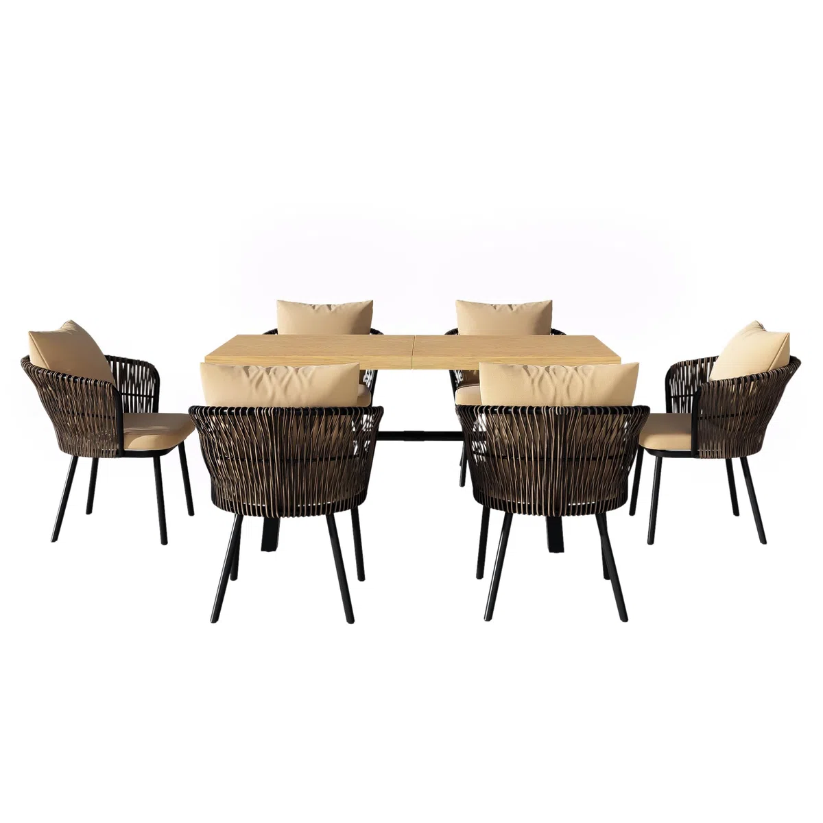 Moderno set da pranzo per esterni, set da giardino in rattan, per il tempo libero e la riunione per più persone, struttura in ferro, intrecciato, cuscino incluso.