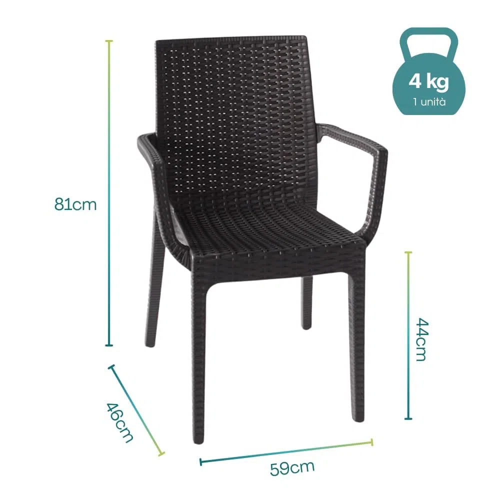 PALUPLUS Set Tavolo Quadrato con 4 Sedie Rattan in Plastica color Antracite, Misura Tavolino 79x79x72 cm, Sedia CON Braccioli, Arredo per Esterno, Terrazzo -KIN024F/DUK702F-23