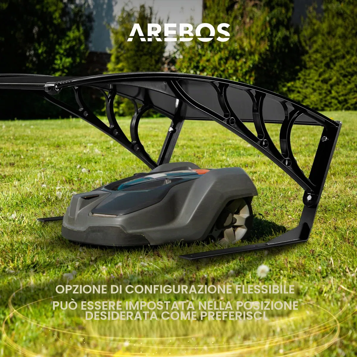 Arebos Garage per Rasaerba Robotizzato | 102 x 79 x 46 cm | resistente alle intemperie + protezione UV | con piedini in metallo | tettuccio per tosaerba