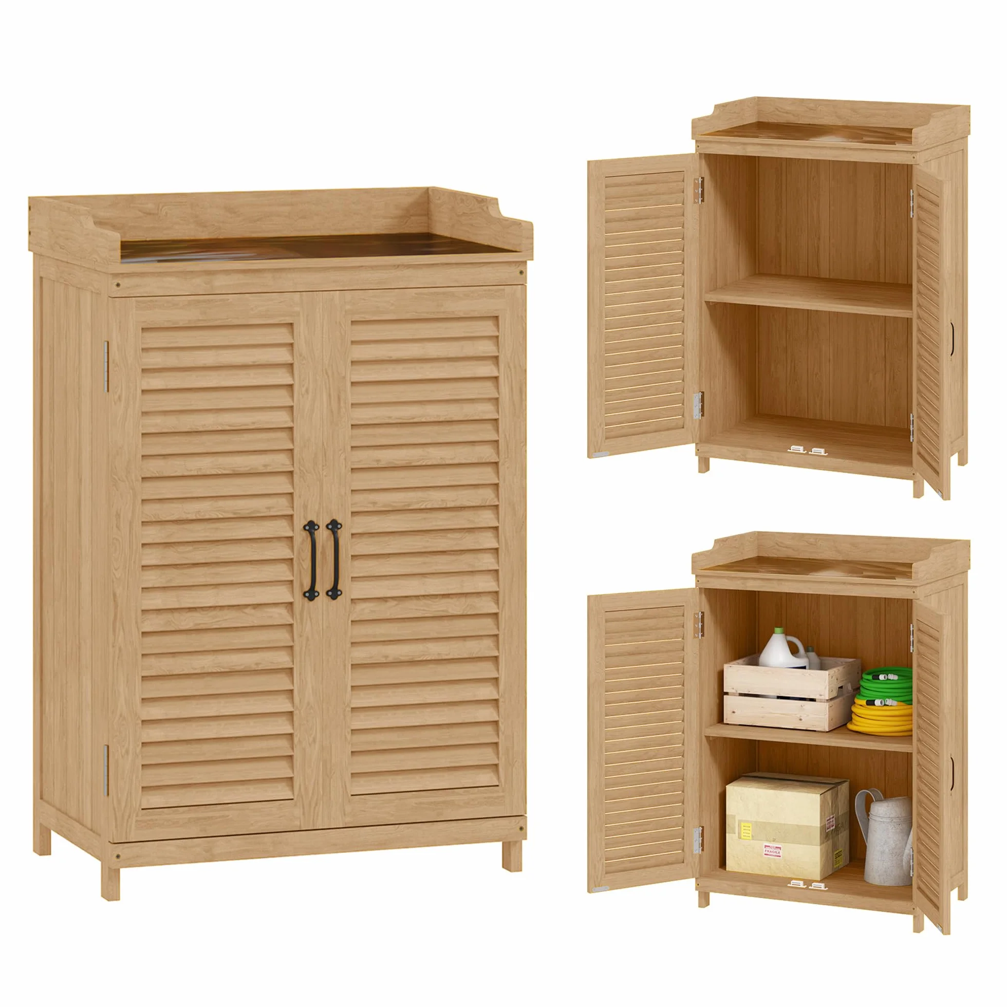 Outsunny Armadio da Giardino in Legno di Abete con Piano di Lavoro Zincato, Casetta Attrezzi Giardino con Ripiano Interno e Due Ante a Persiana, per Terrazza Patio, 65.5x40x98.5 cm, Giallo