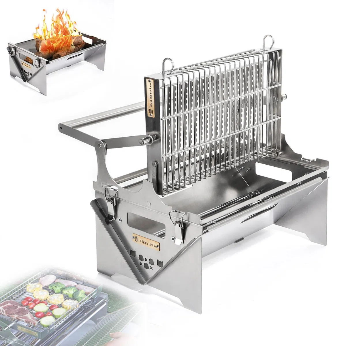 Griglia a carbone portatile girevole a 360°,griglie for barbecue girevoli in acciaio inossidabile con vassoio rimovibile e telaio in acciaio regolabile,griglia for barbecue a carbone portatile