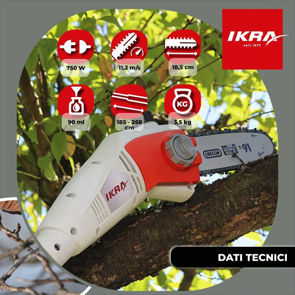 IKRA potatore telescopico elettrico IEAS 750, lunghezza di taglio 185 mm, con tracolla inclusa