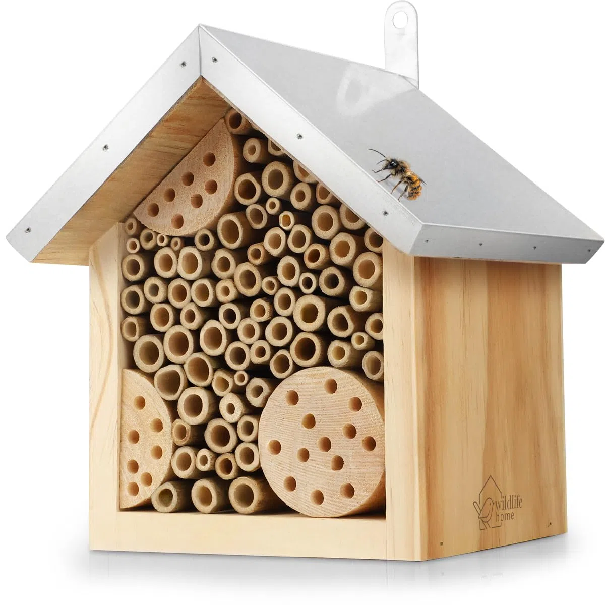 WILDLIFE HOME Hotel per api con tetto in metallo, hotel per api selvatiche, già montato in legno di pino e 100% resistente alle intemperie, non trattato, hotel per insetti, aiuto per