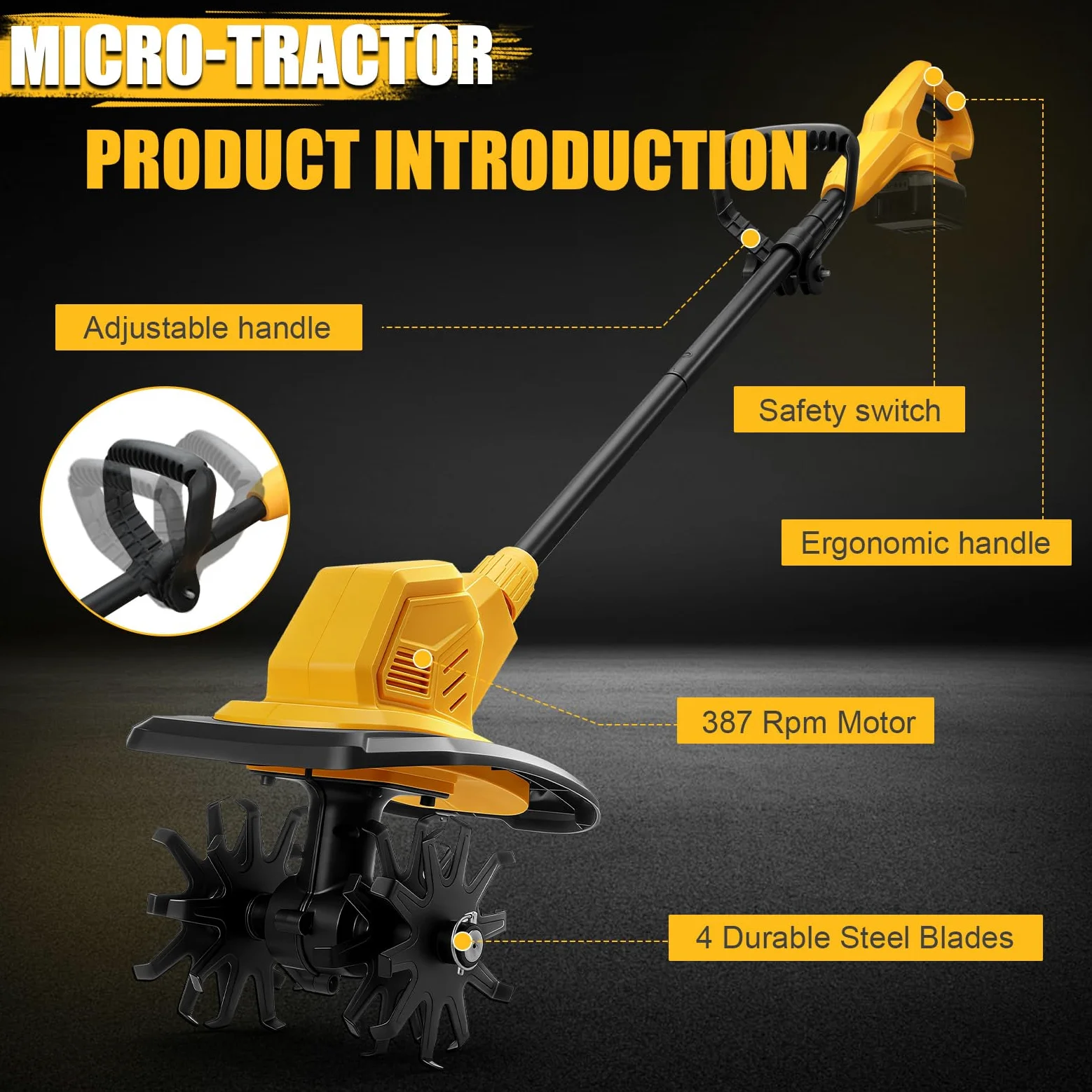 Motozappa senza fili per Dewalt 18 V, 20 V Batteria, Motozappa a Batteria con Motore Brushless, Altezza Regolabile, larghezza di lavoro 20 cm, profondità di lavoro 18 cm, per Giardini e Cortili
