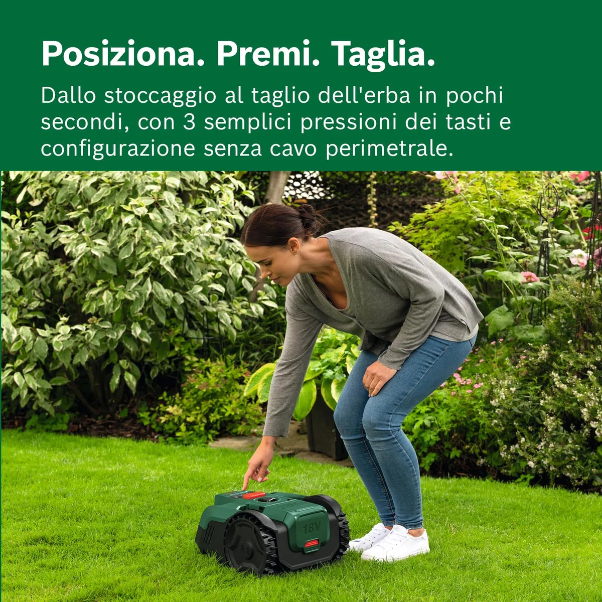 Bosch Robot rasaerba a batteria VISIMOW18V-100 (per prati fino a 100 m², larghezza di taglio: 16 cm, altezza di taglio: 20-60 mm, con lame di ricambio, inclusi batteria e caricabatteria)