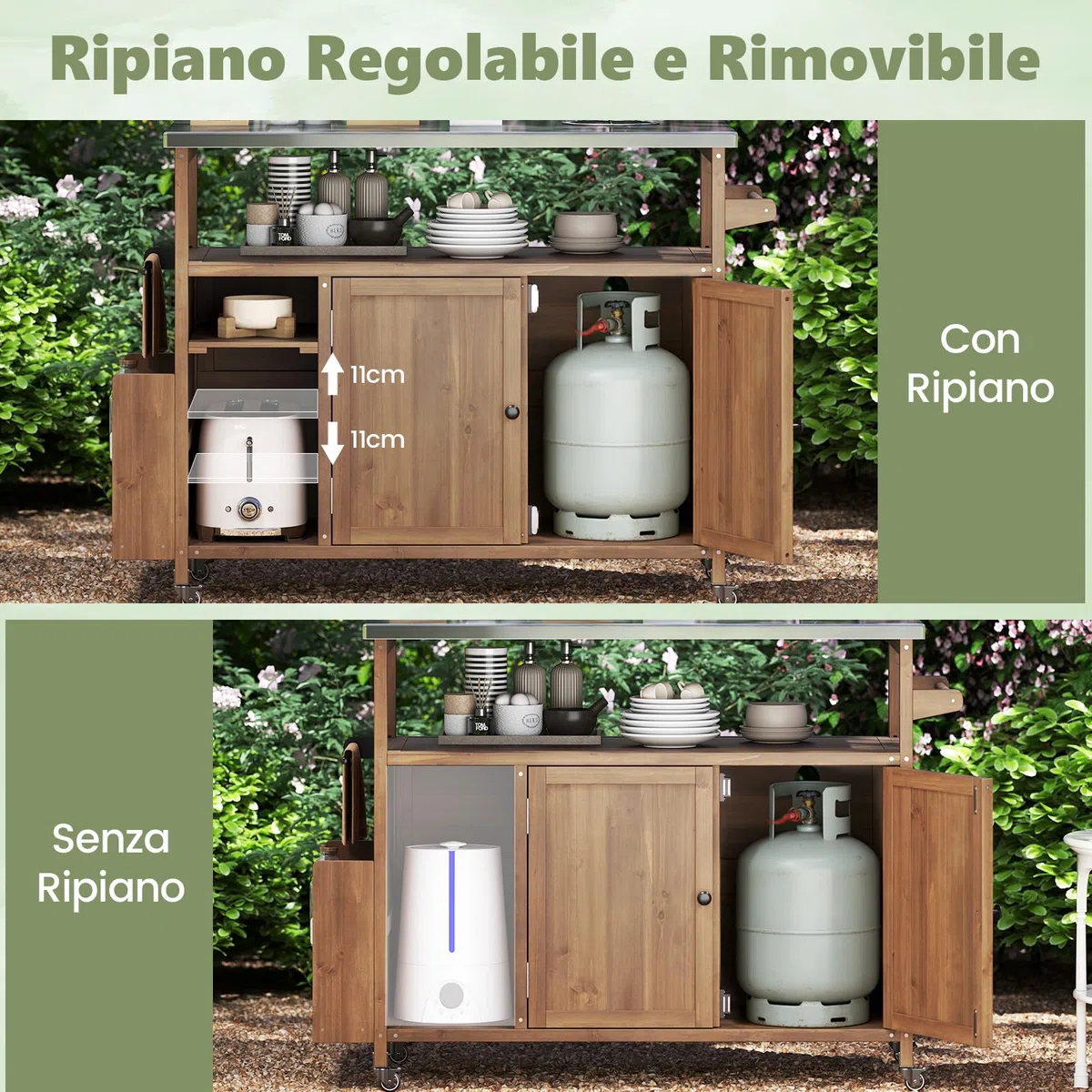 COSTWAY Carrello Barbecue Esterno, con Piano in Acciaio Inox, Isola Cucina in Legno di Abete con Ruote, Armadio, Ripiano Aperto e Scomparti, 130 x 47 x 92 cm