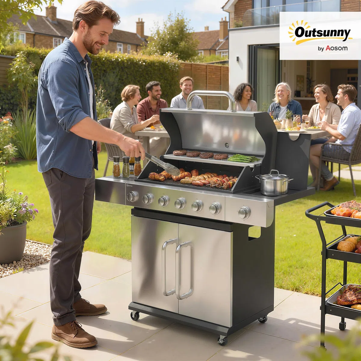 Outsunny Barbecue a Gas con 6+1 Bruciatori da 18.6 KW, BBQ a Gas Propano Portatile con Griglia, Ripiani, Coperchio, Termometro, Ruote, per Giardino Esterno, Nero Argento