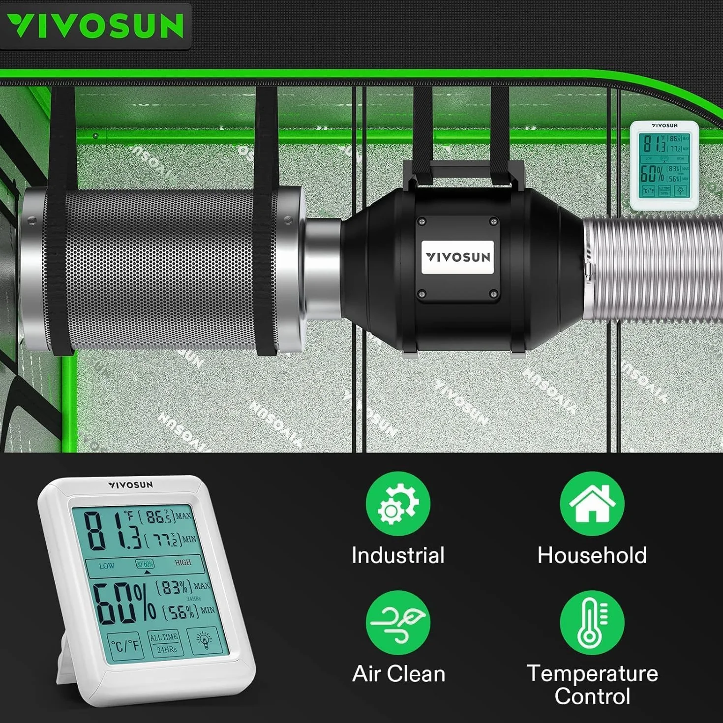 VIVOSUN Ventilatore Inline A Canale 200mm, Aspiratore 1223m³/h con Regolatore di Velocità, Filtro a Carbone Attivo 760cm, Misuratore di Temperatura-Umidità per Grow Tent, Serra e Serra