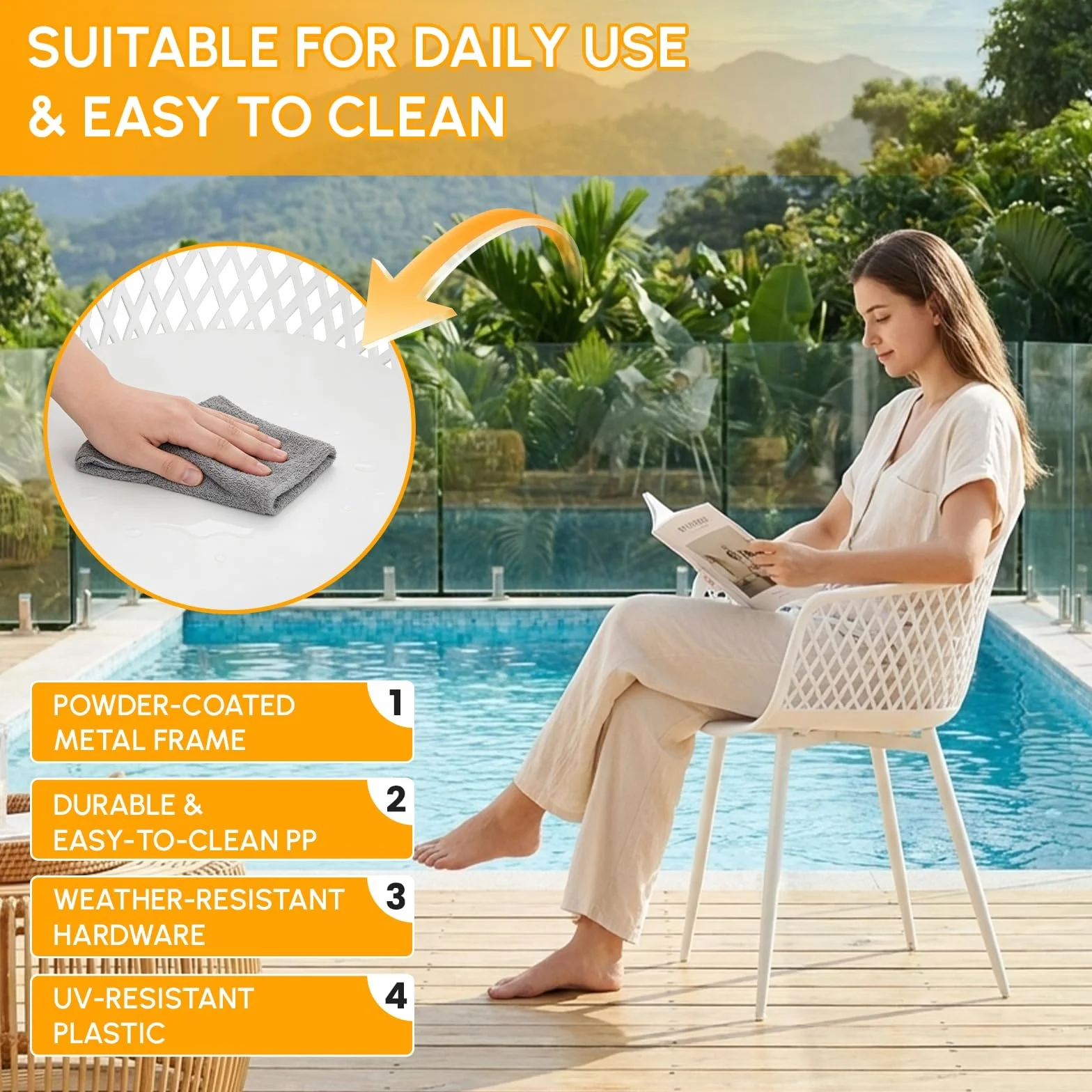 buybyroom Set di 6 sedie da giardino in plastica con braccioli, eleganti e facili da pulire, colore bianco