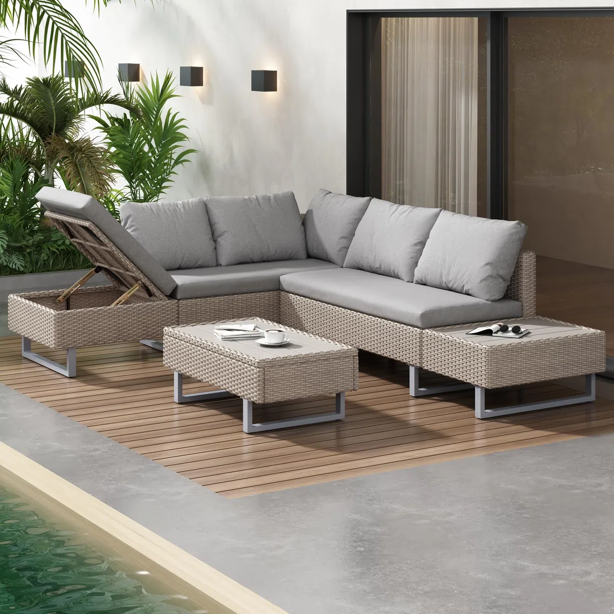 Rtopsu Set di Divani da Giardino in Polyrattan per 5 Persone, Mobili da Giardino Lounge Balcone Mobili da Patio con Divano Angolare Tavolo in Cuscini per Patio Giardino Balcone, Kaki
