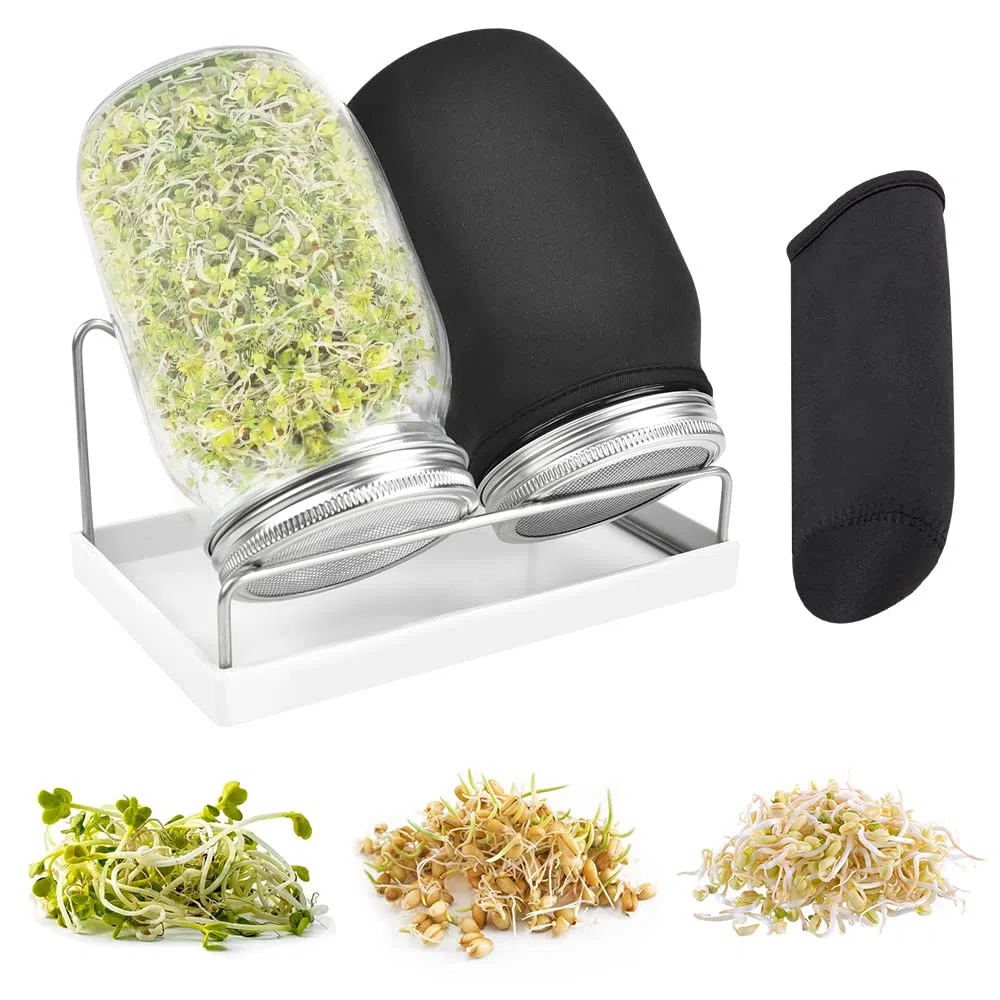 REFORUNG Germogliatore Barattolo Vetro Germogli in Vaso di Vetro da 1000ml Vasetti per Germogli in Vetro con Coperchio a Griglia Copertina in Tessuto e Supporto per Broccoli,Germ,Semi Biologici