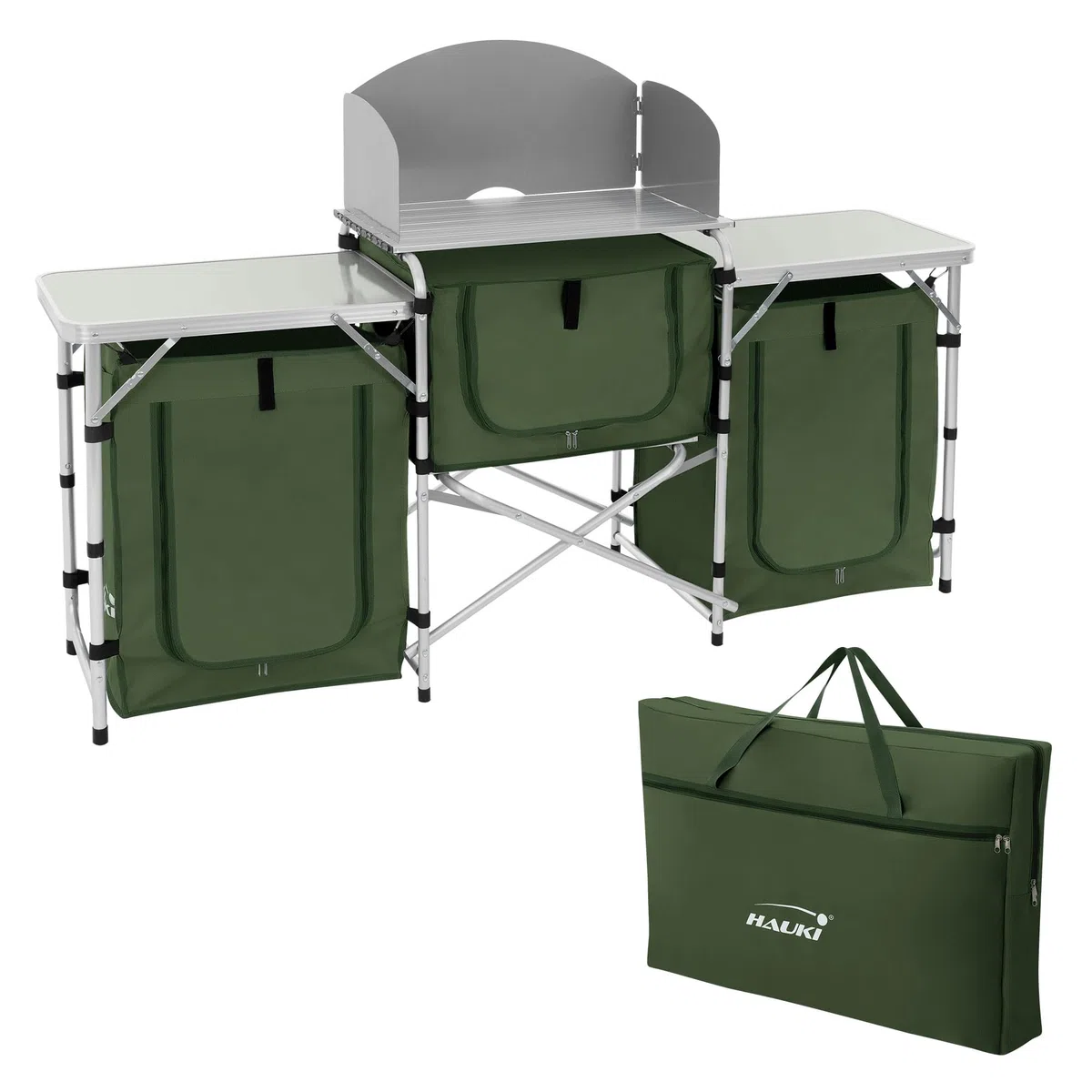 Hauki Cucina da Campeggio Mobile e Pieghevole da Barbecue Esterno con 3 Piani Telaio in Alluminio con Paraspruzzi e Frangivento Vani per Utensili e Accessori con Borsa da Trasporto in Tessuto Kaki