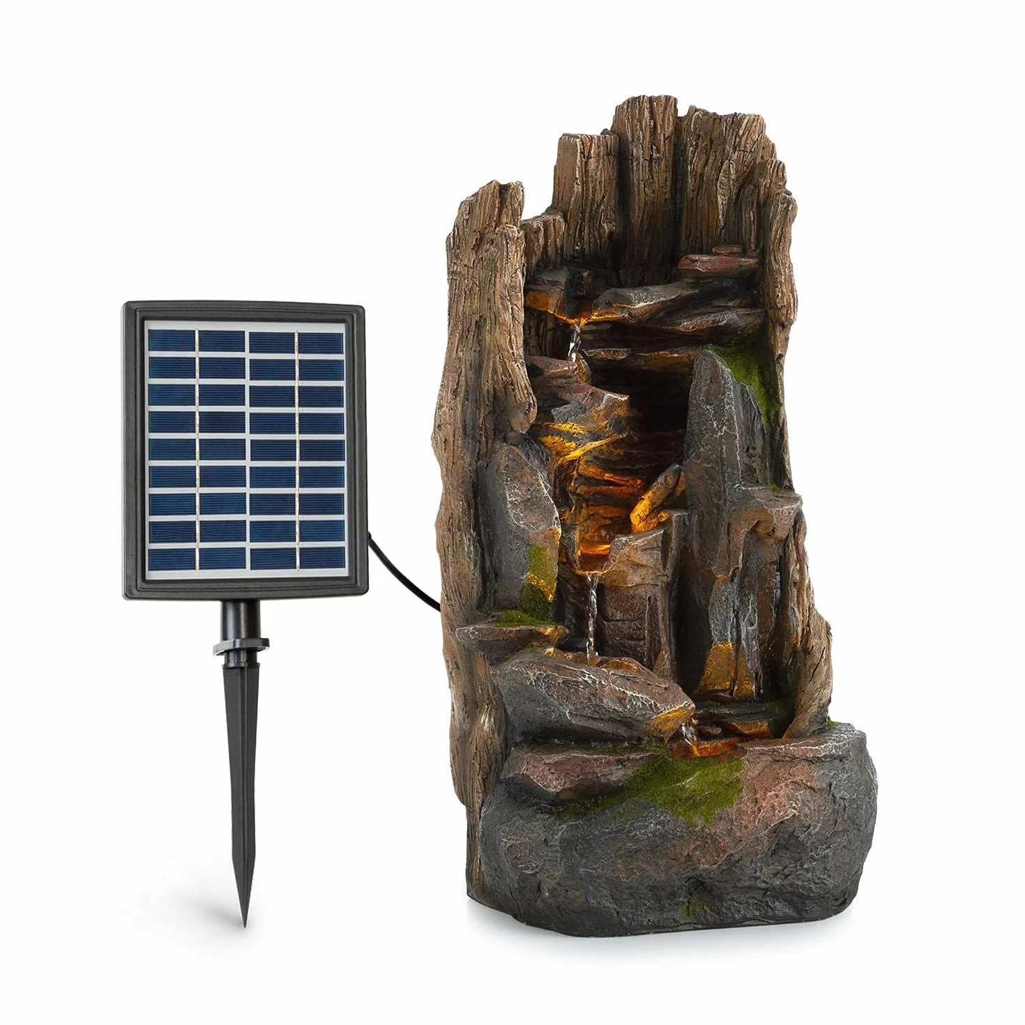 Blumfeldt Mystic Tree - Fontana Solare, incl. Pannello Solare, Batteria agli Ioni di Litio (Durata ca.5h), Luce LED, Polyresina, Resistente al Gelo, al Chiuso e all'Aperto, Effetto Legno