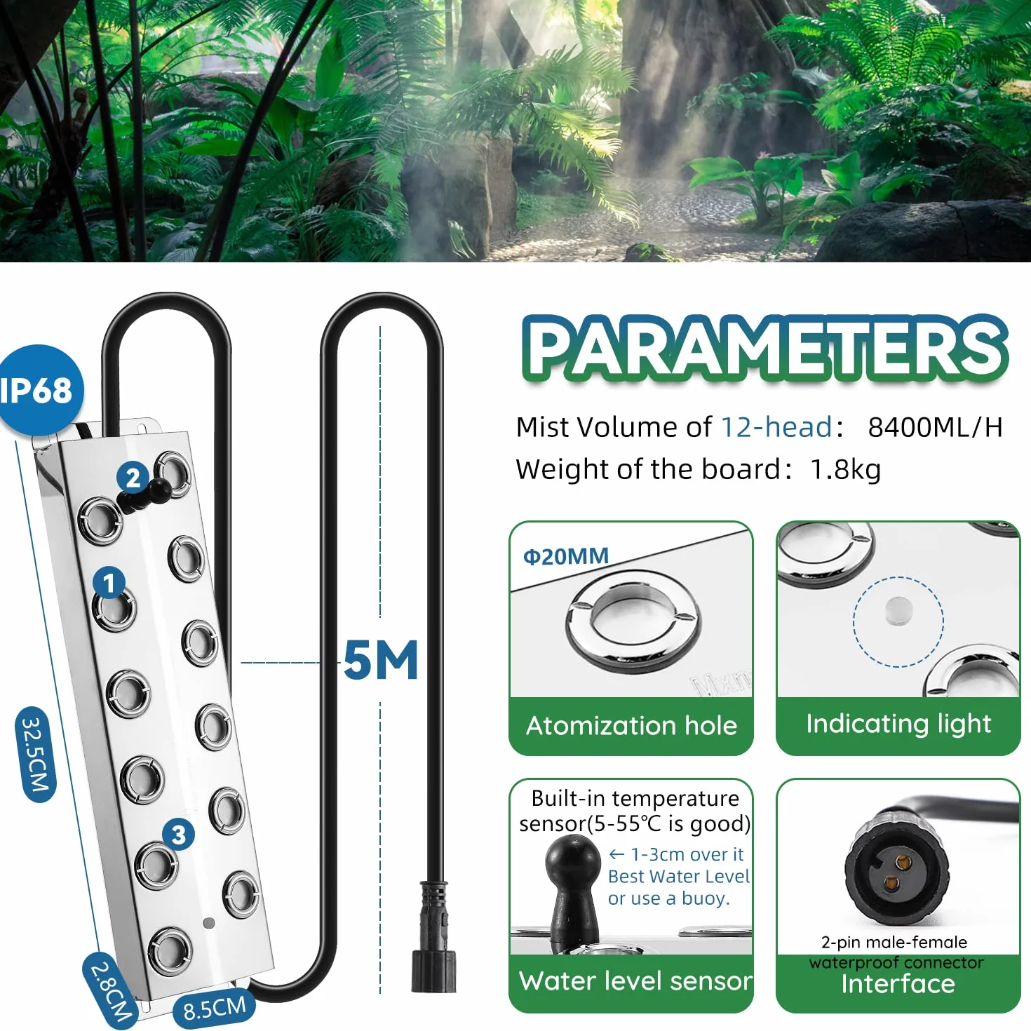 Mxmoonant 12 teste creatore di nebbia 8.4L/H Nebulizzatore a ultrasuoni Nebulizzatore con boa e alimentazione 400W per orticoltura Paesaggio scenico Conservazione delle verdure Atmosfera magica