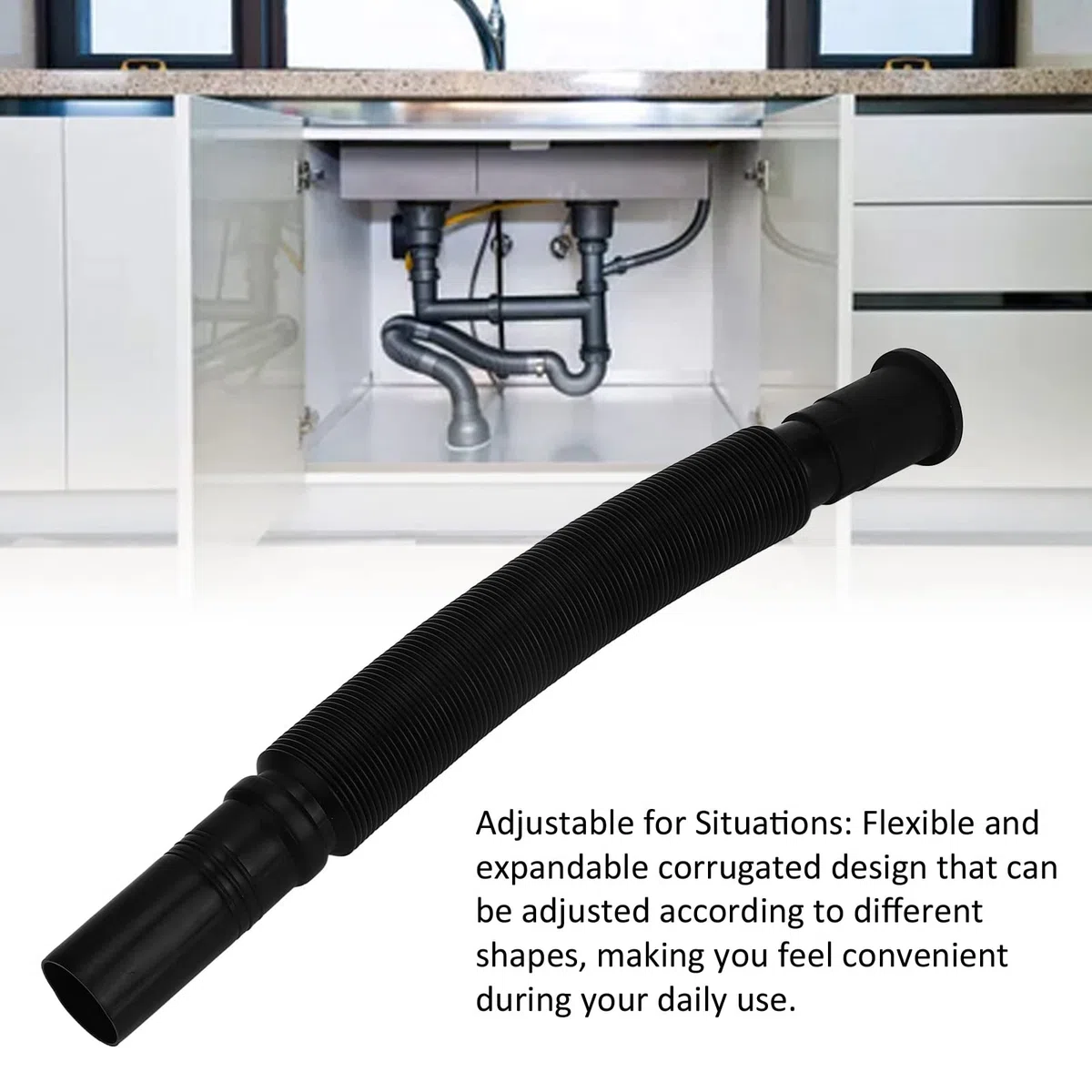 PVC Water Pipe for Kitchen, 2 Pack Flexible Drain Pipe and Adjustable Sink Drain Hose, Black