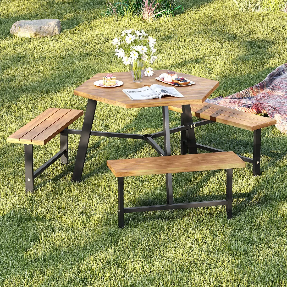KOMFOTTEU Set di mobili per 6 persone, set da picnic in legno di acacia con foro per ombrellone, set da tavolo e 3 panche per giardino, terrazza, 191 x 165 x 70 cm