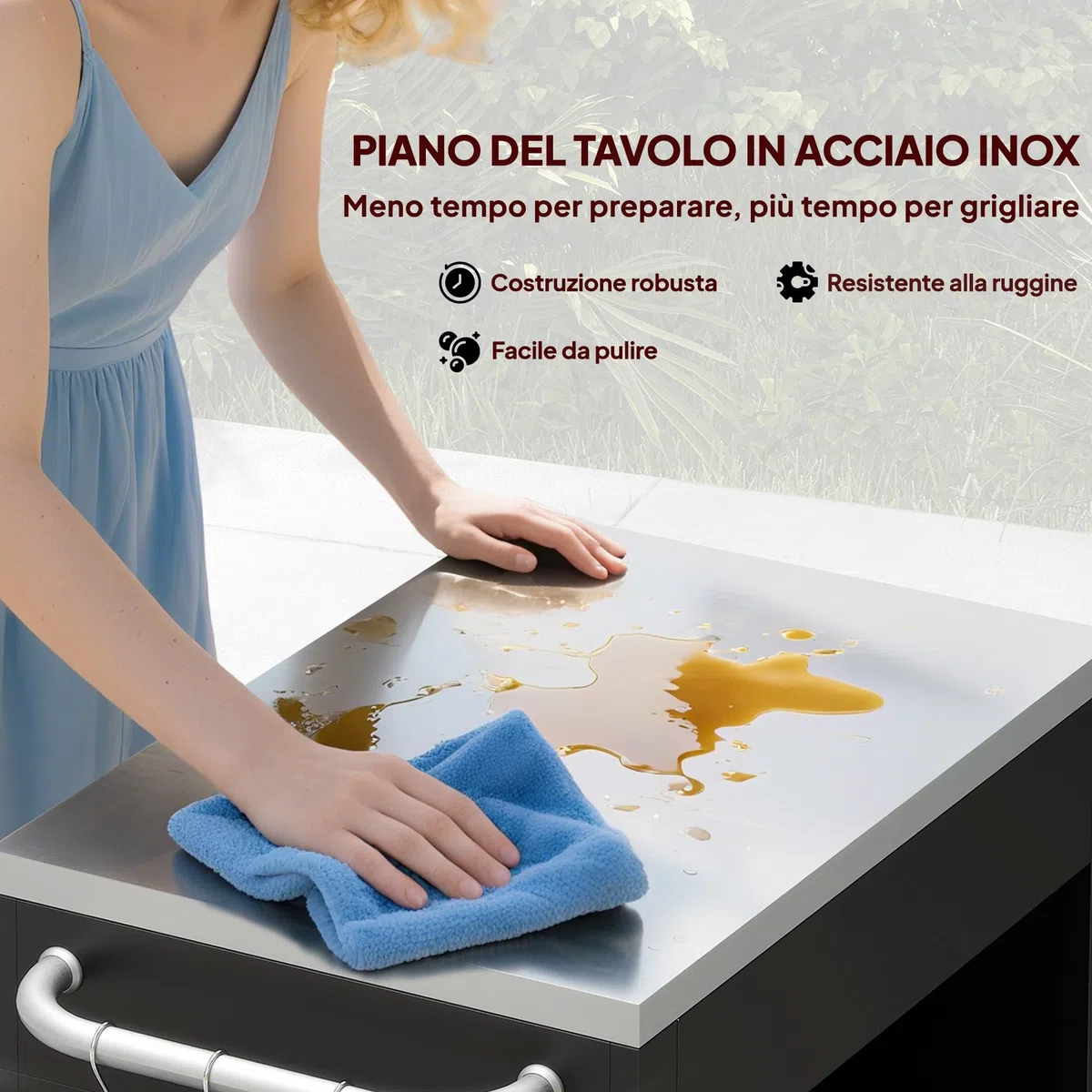 HOMCOM Carrello Barbecue con Piano in Acciaio Inox Tavolo da Cucina da Esterno con Ruote, Maniglia, 6 Ganci, Armadietto Contenitore 86x50x86.5 cm Nero