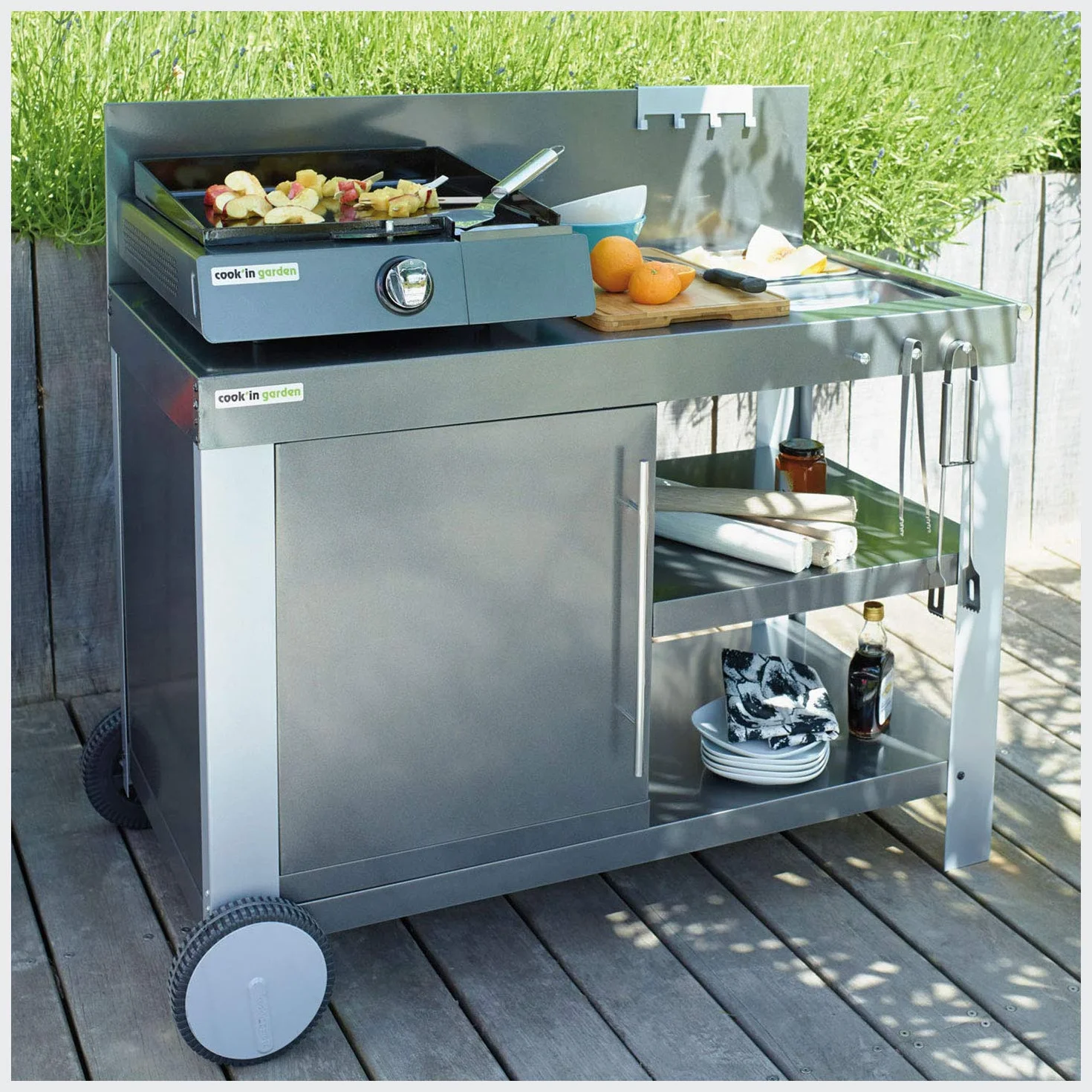 Cook’in Garden - Desserte Nova 110 Premium, Grande Carrello da Giardino con Piano di Lavoro, Mobile su Ruote Facile da spostare, Supporto Ideale per plancha o Barbecue, Nero/Grigio