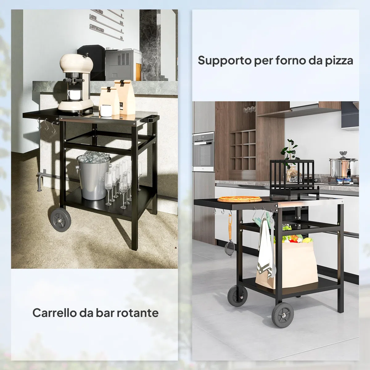 Outsunny Carrello Barbecue con Piano in Acciaio Inox e Ripiano Richiudibile, Tavolo Cucina da Esterno per Forno Pizza con Ruote, Maniglia, 6 Ganci e Copertura di Protezione, 91x58x76 cm, Nero