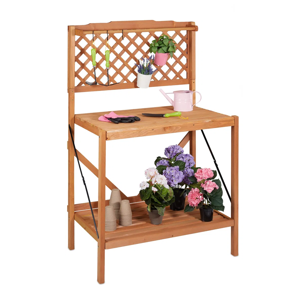 Relaxdays Banco da Lavoro, Tavolo da Giardinaggio Pieghevole, HLP: 151,5x91x62 cm, Giardino o Balcone, Marrone Chiaro