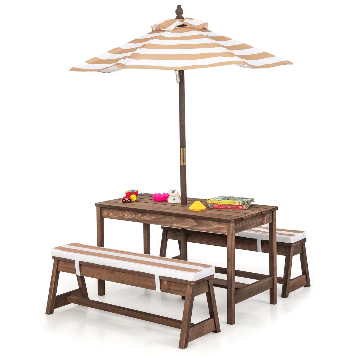 SOARS Set di Tavolo Picnic per Bambini con Ombrellone Regolabile, Panche per Bambini in Legno di Abete con Parasole e Cuscini Morbidi, Tavolo e Panchine Pranzo da Giardino e Parco (Marrone)