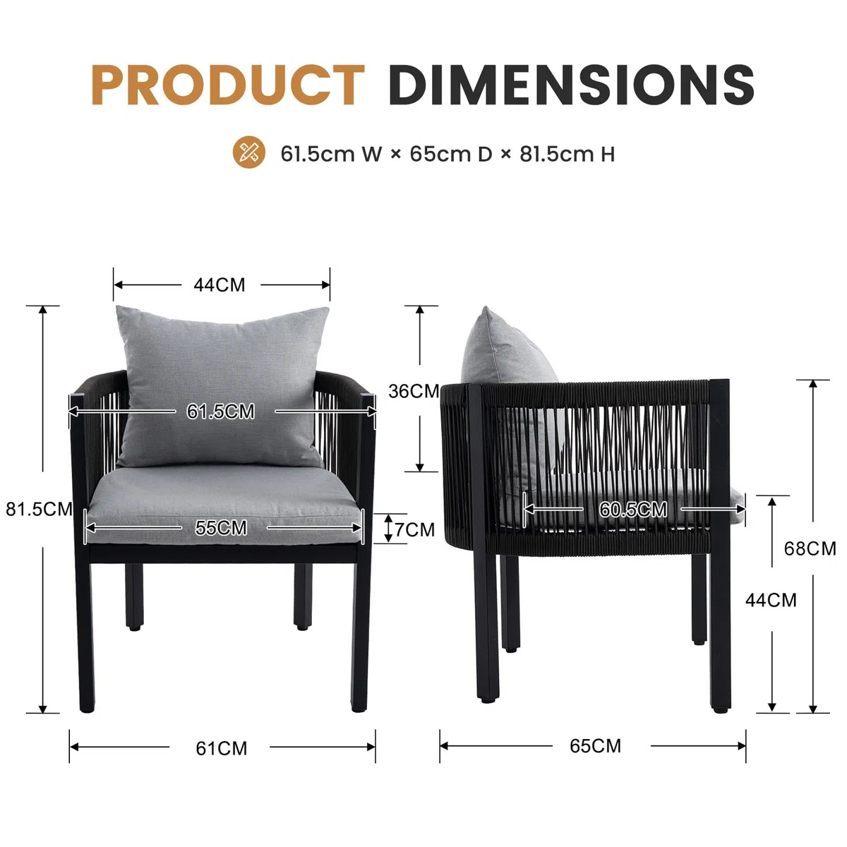 Ya-Home Set di 4 Sedie da Giardino, Poltrone Rotonde per Patio con Schienale a Intreccio in Corda Aperto, Sedie da Esterno Moderne con Rivestimento in Tessuto, Ideali per Balconi e Cortili, Grigio