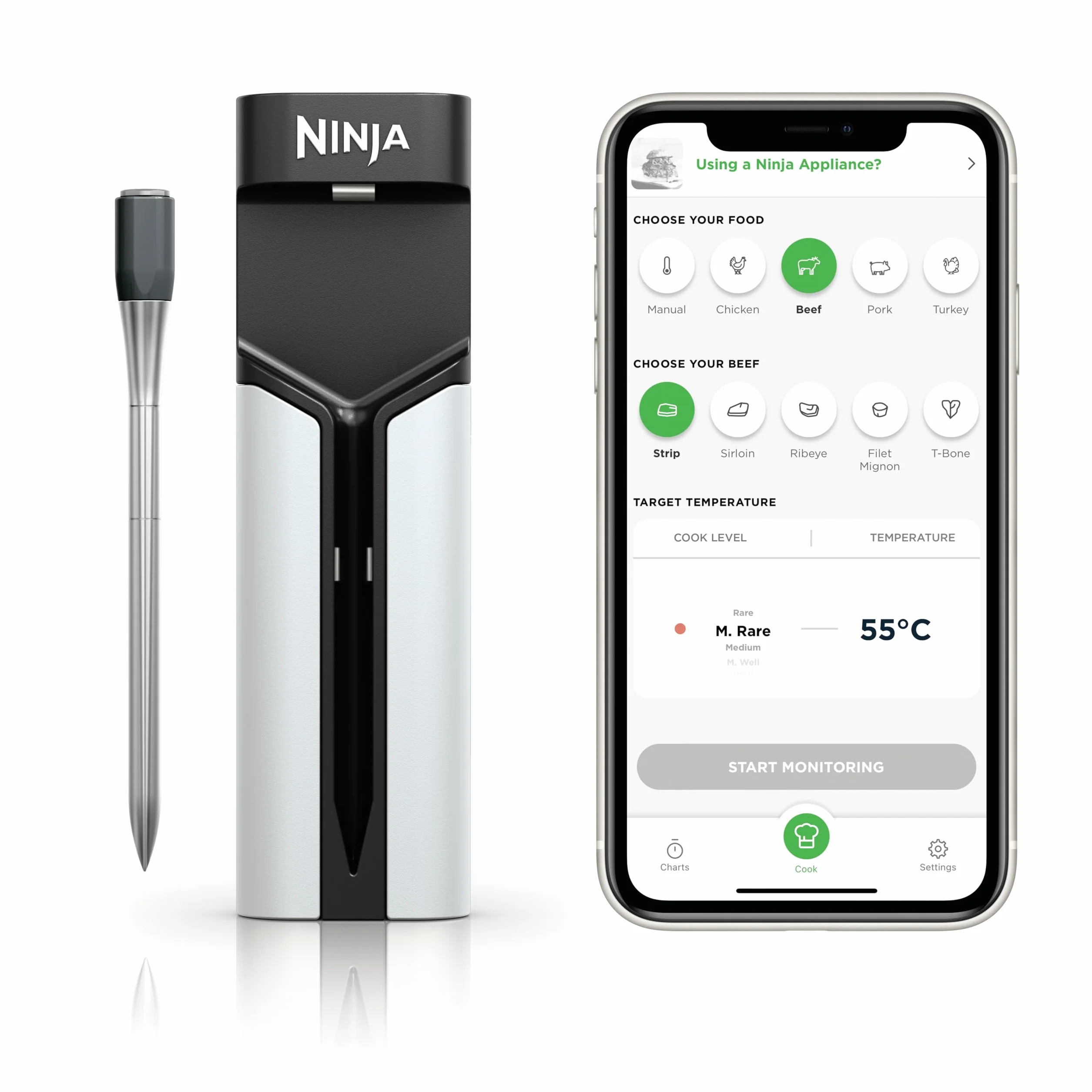 Ninja ProChef Termometro a Sonda Wireless per Carne, per Grigliare e Friggere ad Aria, con Bluetooth, Durata Batteria di 30 ore, Controllabile con App, Resistente al Calore, Impermeabile, WP100EU