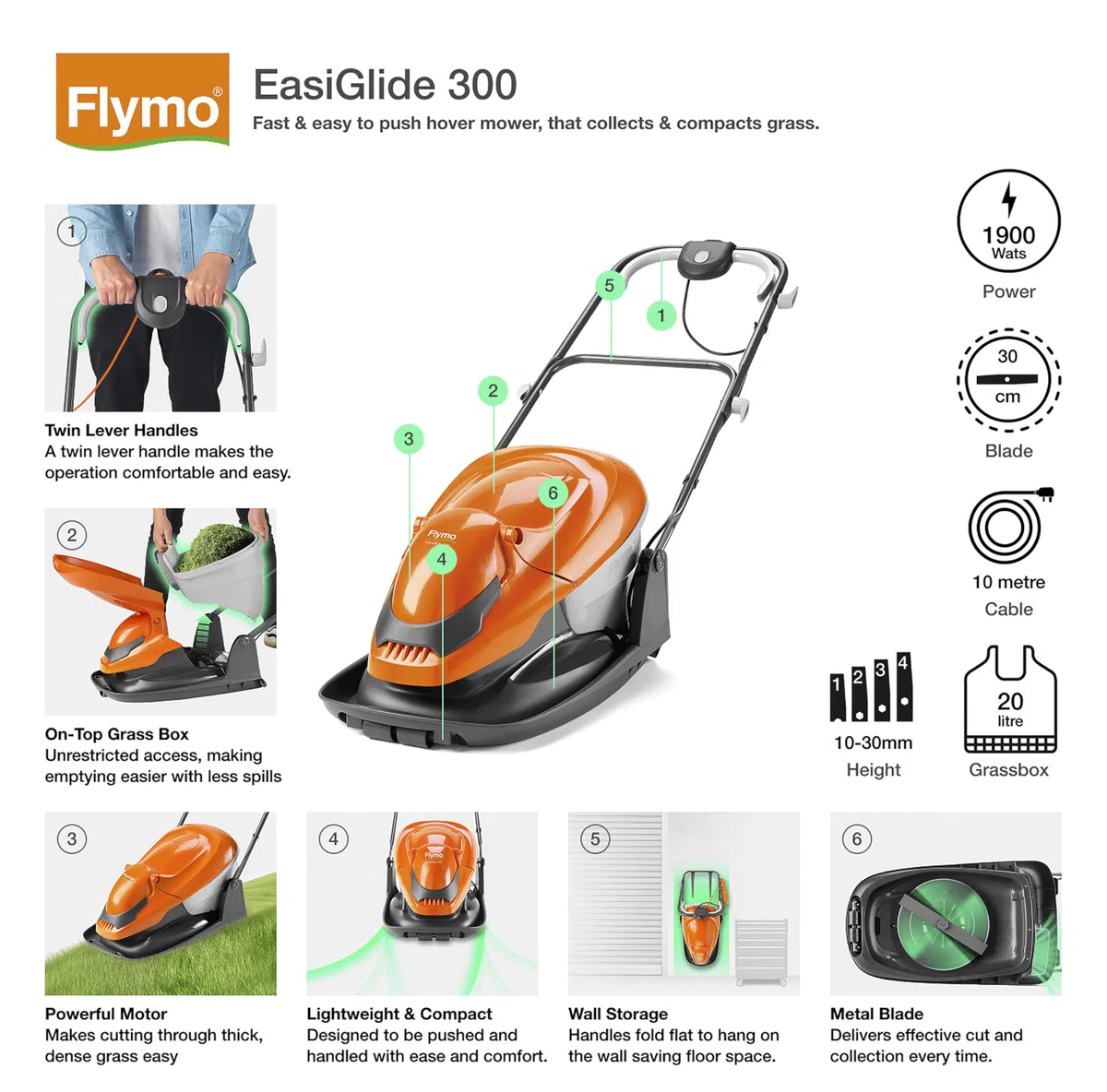 Flymo Tosaerba EASIglide 300 Hover Collect, motore da 1700 W, larghezza di taglio 30 cm, contenitore per erba da 20 litri, pieghevole, lunghezza cavo 10 m, arancione e grigio