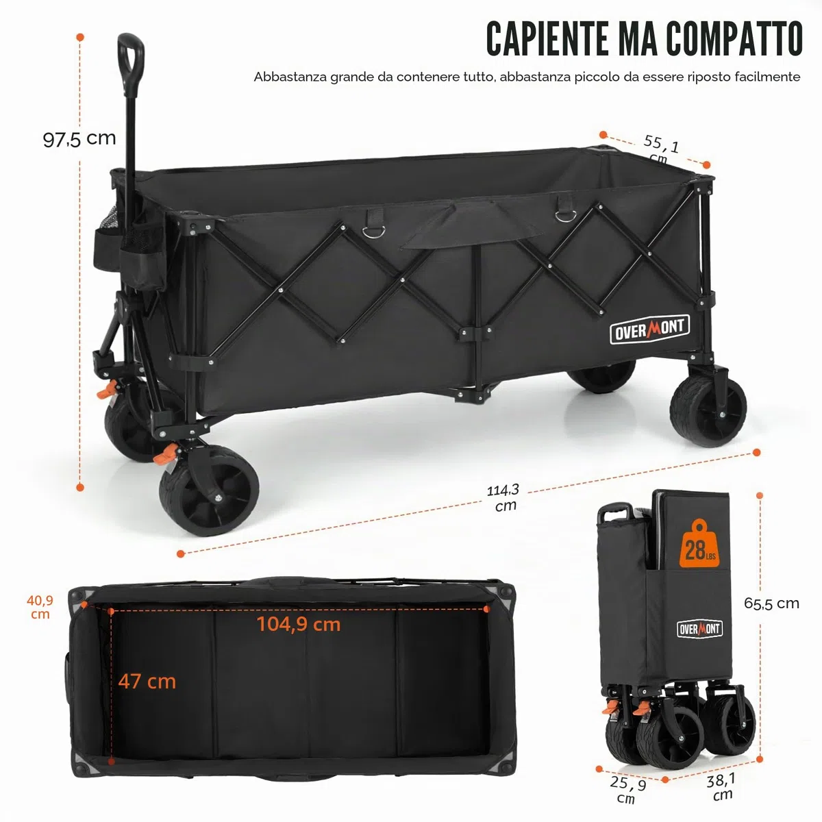 Overmont Carrello Spiaggia Pieghevole - 114CM Carrello da Giardino Pieghevole Esteso con Freni - 300L 200kg Carrelli da Trasporto con Ruote Grandi Tutti i Terreni - Ideale per Campeggio Shopping Sport