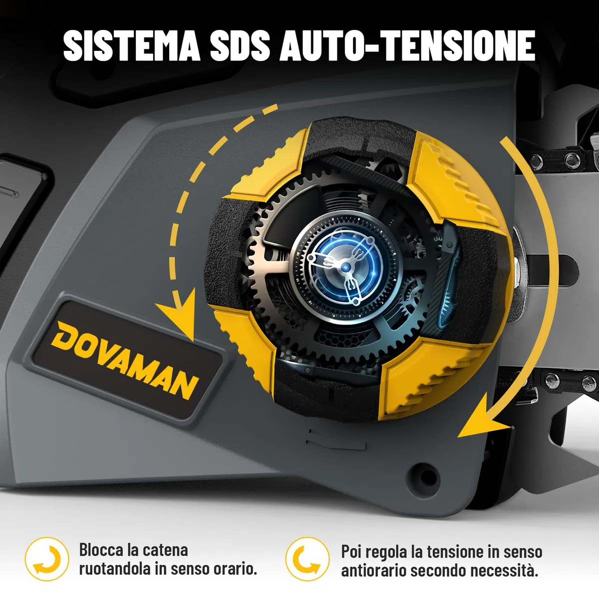 DOVAMAN 2400W Motosega Elettrica, 40cm Barra e Catena Oregon, Tensionamento Senza Attrezzi, Freno Sicurezza, 1 Catena Oregon e 1 Extra, Ideale per Legna da Ardere, Potatura e Uso in Giardino - DCS01A