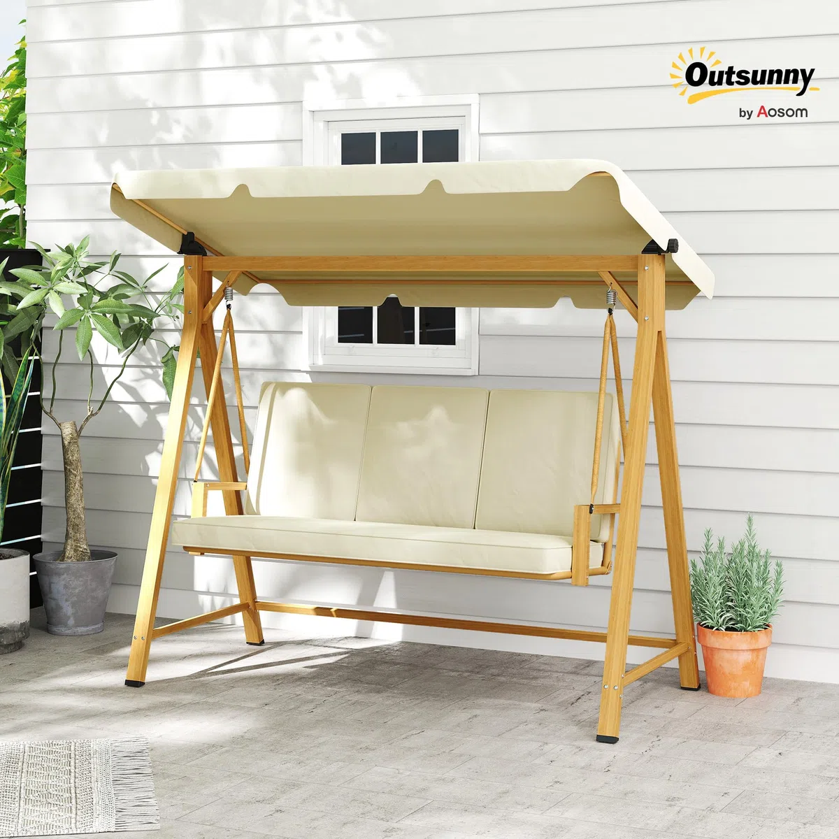 Outsunny Dondolo da Giardino 3 Posti con Tettuccio Parasole Regolabile, Dondolo da Esterno con Cuscini e Struttura in Metallo Effetto Legno, Portata Fino a 330 kg, UV 30+, 195x120x170 cm, Beige