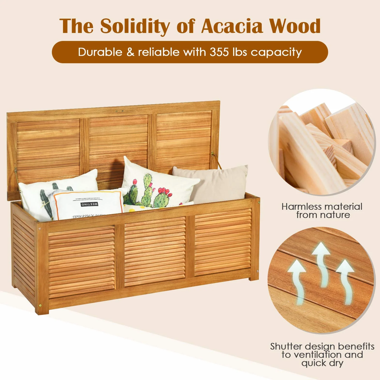 RELAX4LIFE Panca Baule in Legno di Acacia, Scatolone Rialzato a Doghe, Coperchio Ribaltabile con Maniglia ad Anello, Contenitore Portatutto da Interno Esterno, 120x45x45cm (Modello 1)