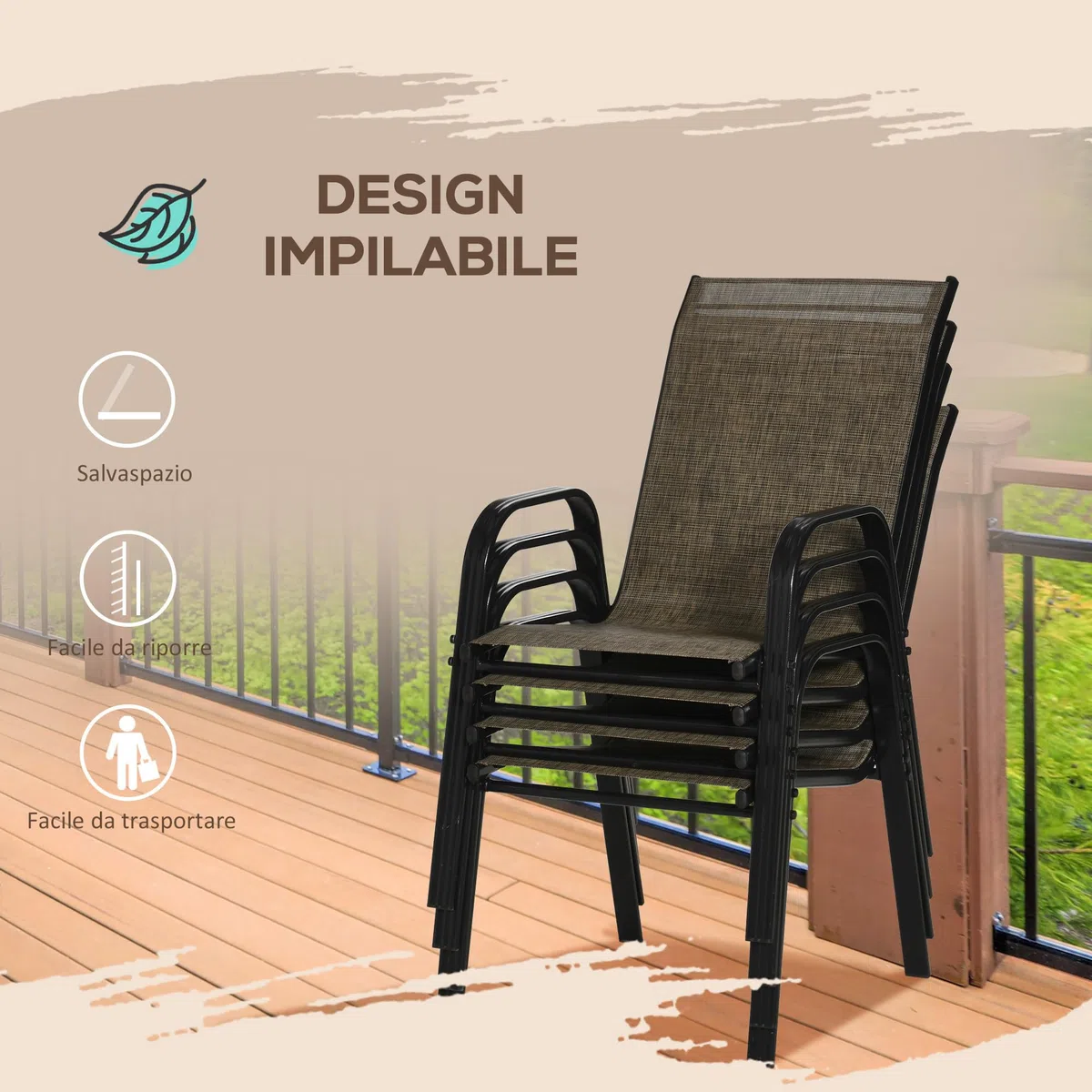 Outsunny Set 4 Sedie da Giardino Impilabili con Braccioli, Sedie per Pranzo da Esterno in Metallo e Texteline Impermeabile, da Patio, Balcone, Terrazza, Esterno e Interno, 54x75.5x95cm, Marrone