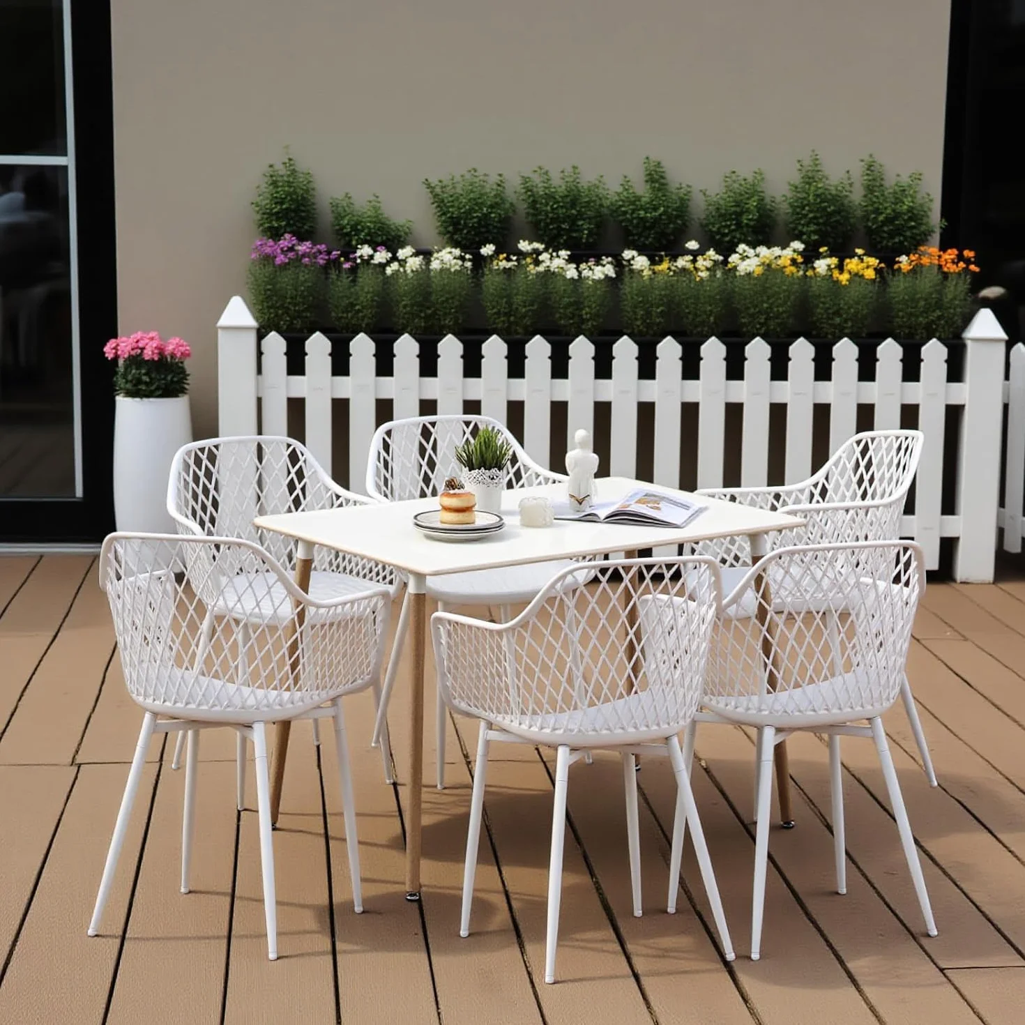 buybyroom Set di 6 sedie da giardino in plastica con braccioli, eleganti e facili da pulire, colore bianco