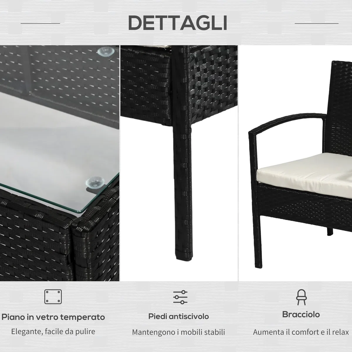 Outsunny Set da Giardino 4 Pezzi in Rattan PE, Salotto da Giardino con Tavolino da Giardino 75x40x38 cm, 2 Poltroncine 57x60x77 cm e Divano 2 posti 108x60x77 cm, Nero e Crema