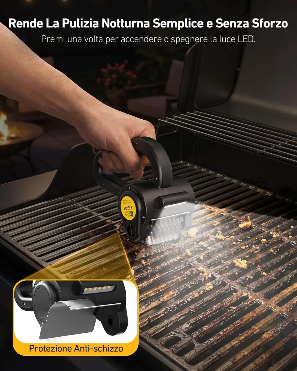 Spazzola Elettrica per Barbecue, Pulisci Griglia BBQ Elettrico Ricaricabile con Testina in Acciaio Inossidabile, Luce LED, Autonomia 150 Min, Grill Brush Griglie per Alla Maggior Parte dei BBQ, Nero