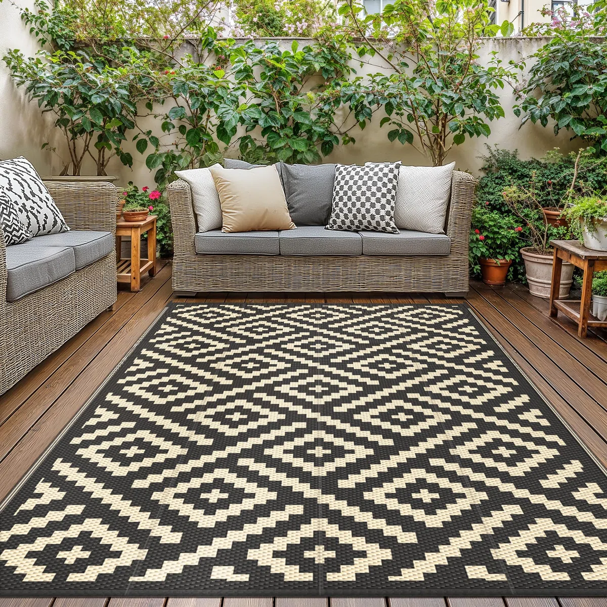 GENIMO Tappeto Esterno Impermeabile Reversibile Lavabile, Nero-Beige, 180x275cm