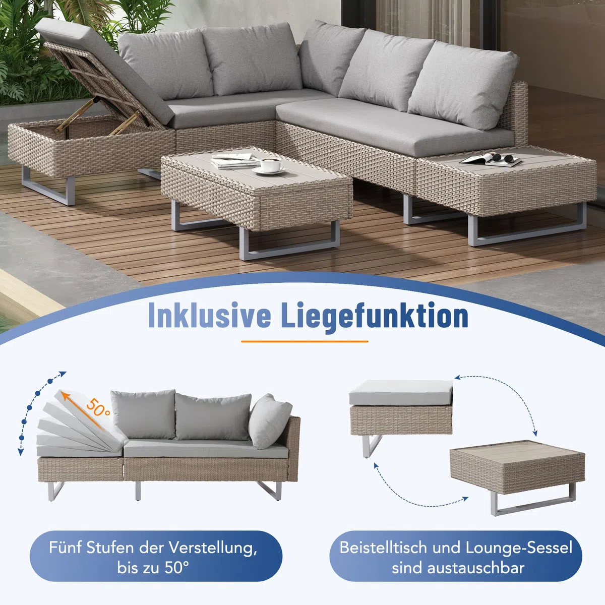 Rtopsu Set di Divani da Giardino in Polyrattan per 5 Persone, Mobili da Giardino Lounge Balcone Mobili da Patio con Divano Angolare Tavolo in Cuscini per Patio Giardino Balcone, Kaki