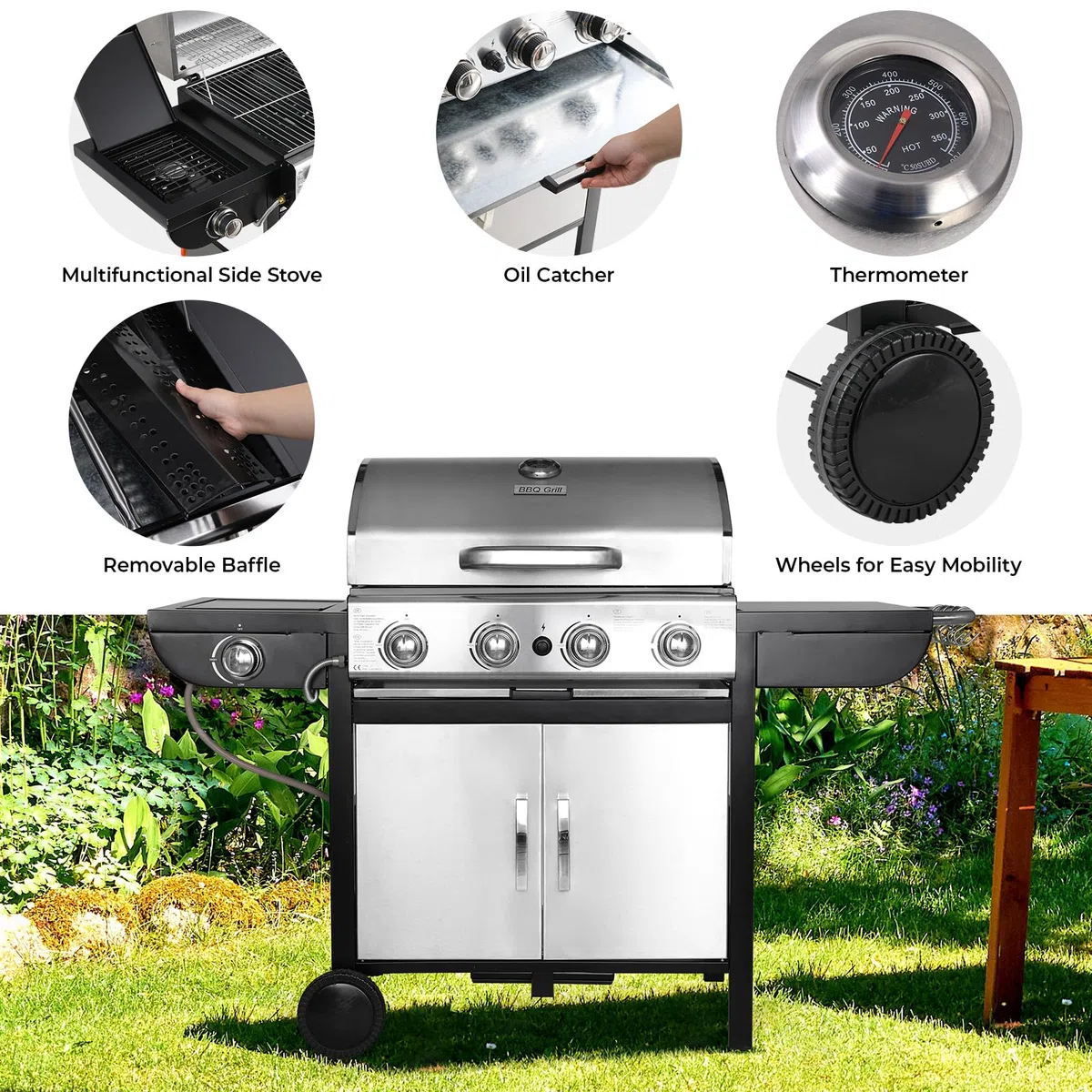 4+1 Bruciatore Barbecue a Gas in Acciaio Inox Con Termometro e Piano Cottura Laterale, 14.05KW BBQ Ad Alte Prestazioni per Giardini, Feste, Campeggio