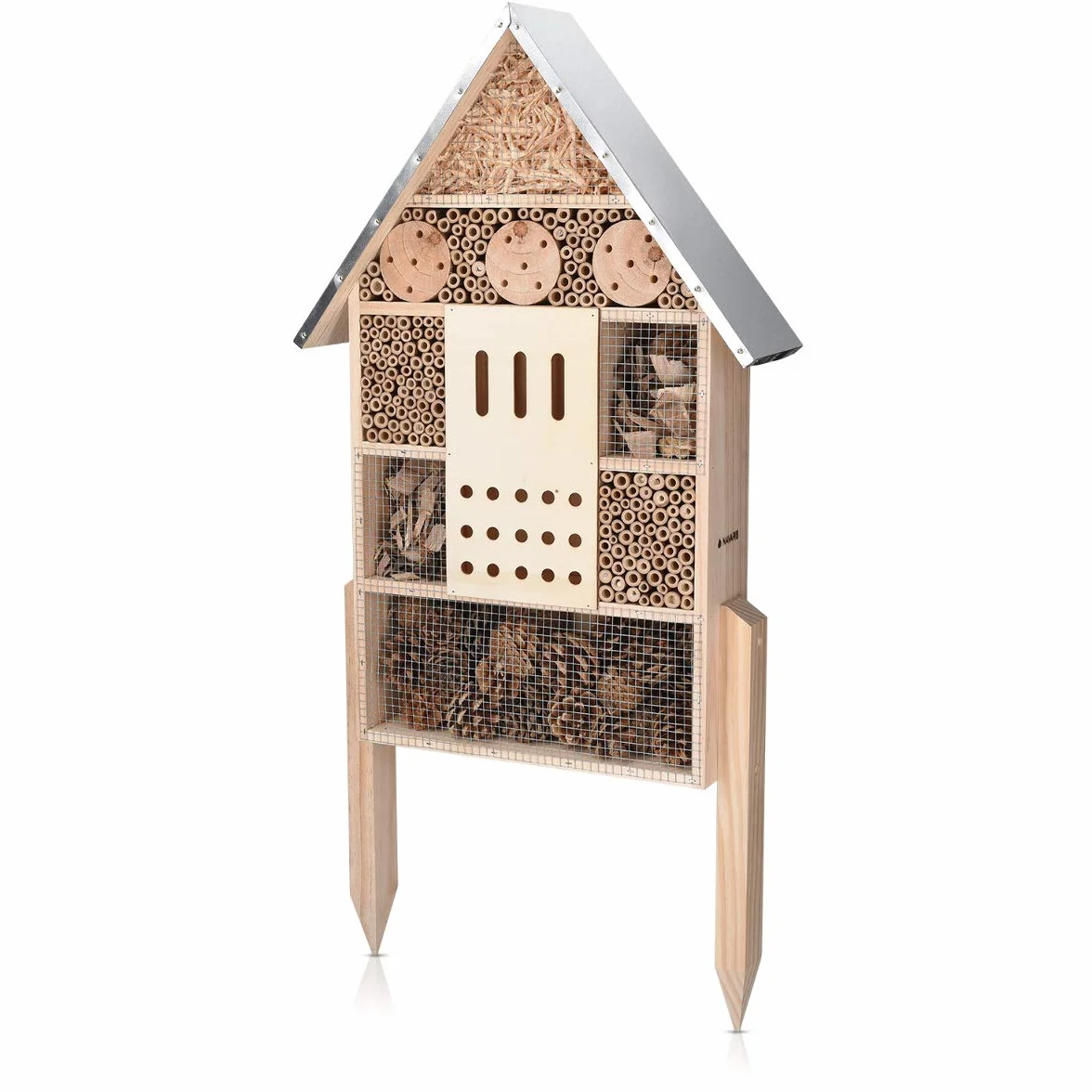 Navaris Casetta Grande per Insetti in Legno - Rifugio Ecologico per Farfalle Api Coccinelle - Nido 38x11,5x57cm Tetto in Metallo - Picchetti da Terra
