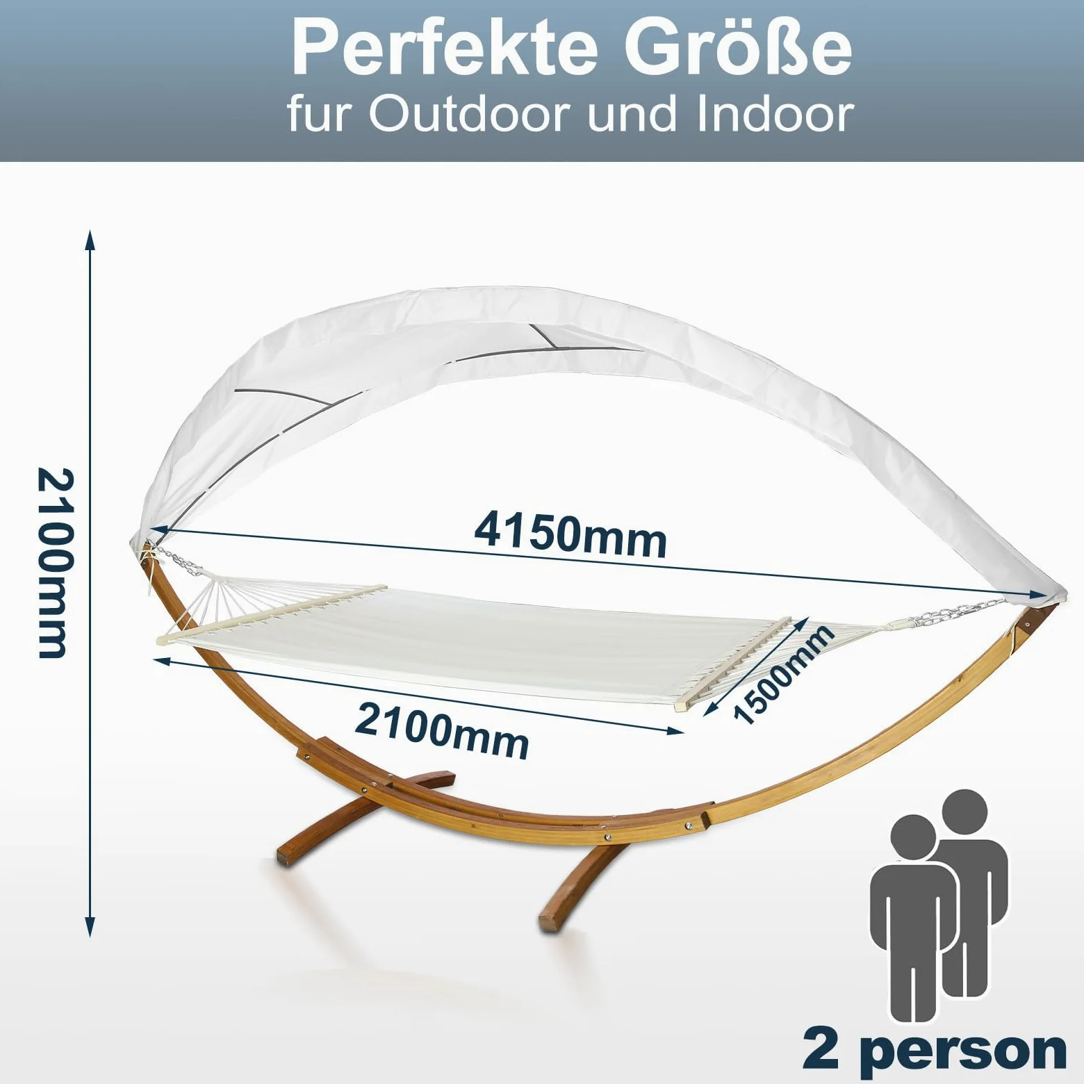 Amaca da giardino con supporto in legno, amaca matrimoniale 2 posti con parasole, fino a 200 kg, resistente alle intemperie, per balcone, terrazza e giardino