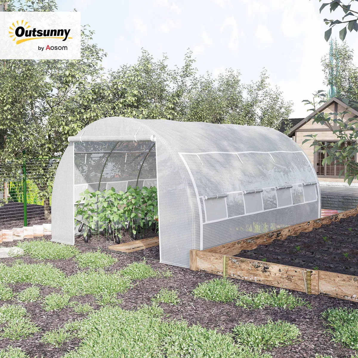 Outsunny Serra da Giardino a Tunnel 3.97x3x2 m con Porte Avvolgibili e Finestre, Serra per Orto con Struttura in Acciaio Zincato e Copertura PE, per Orto Verdure Fiori, Bianco