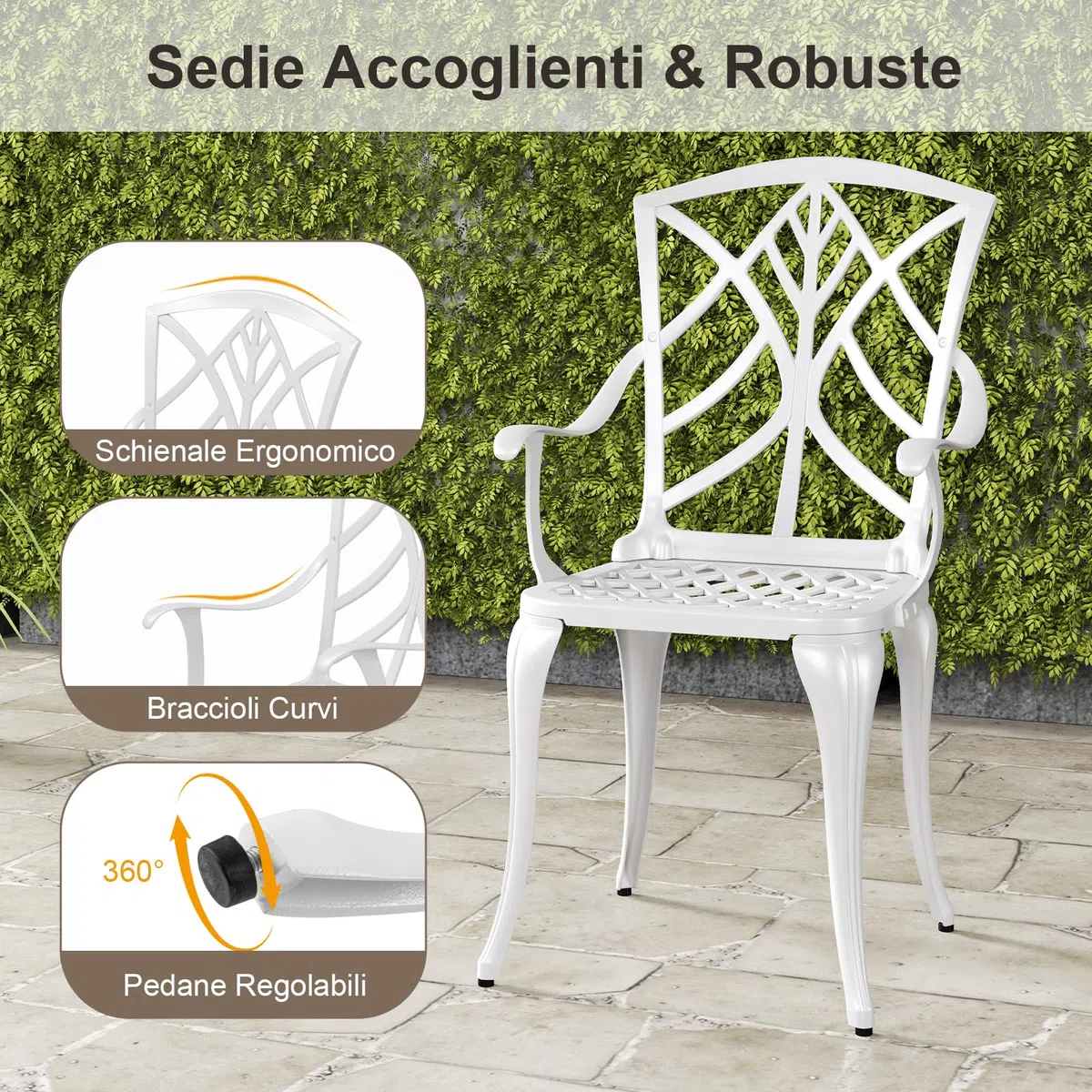 COSTWAY Set Tavolo e Sedie da Giardino, Set da Bistro 5 Pezzi con Foro per Ombrello, Tavolo da Pranzo e 4 Sedie, Arredamento da Giardino in Alluminio, per Giardino e Balcone, Bianco (Modello 2)