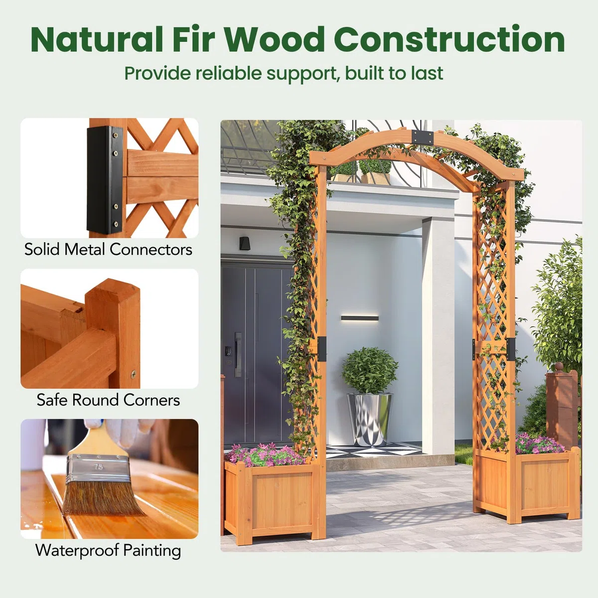 HOMASIS Arco per Rampicanti in Legno, Arco da Giardino con 2 Vasi, Pergolato da Giardino per Verdure, Decorazione per Patio, Cortile (Arancione, 185 x 45 x 201 cm)
