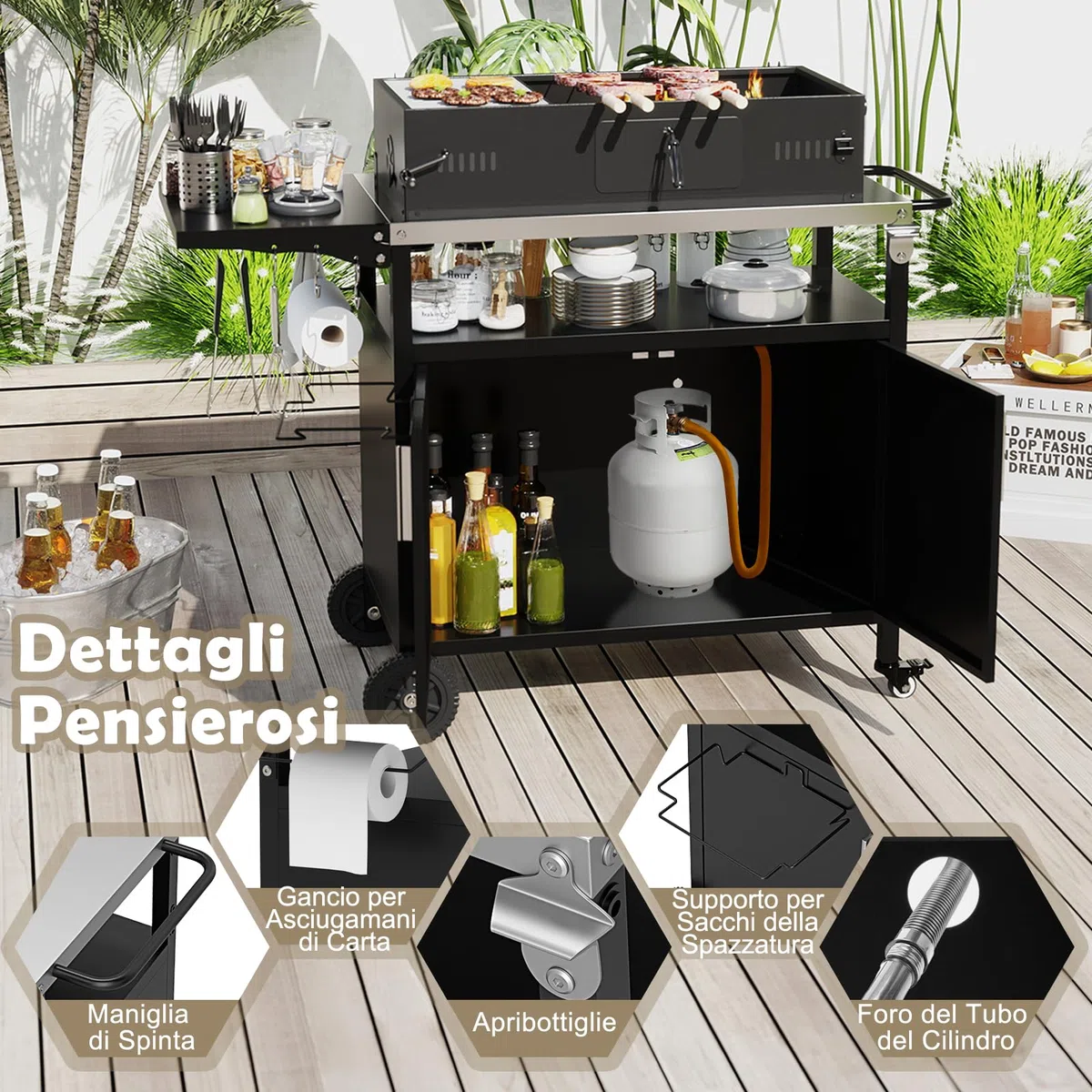 COSTWAY Carrello per Barbecue con 3 Ripiani e 2 Ante, Carrello da Cucina in Acciaio Inox e Ruote, Carrello Porta Griglia Multiuso con Tavolo Pieghevole e 6 Ganci, 127 x 50 x 84 cm