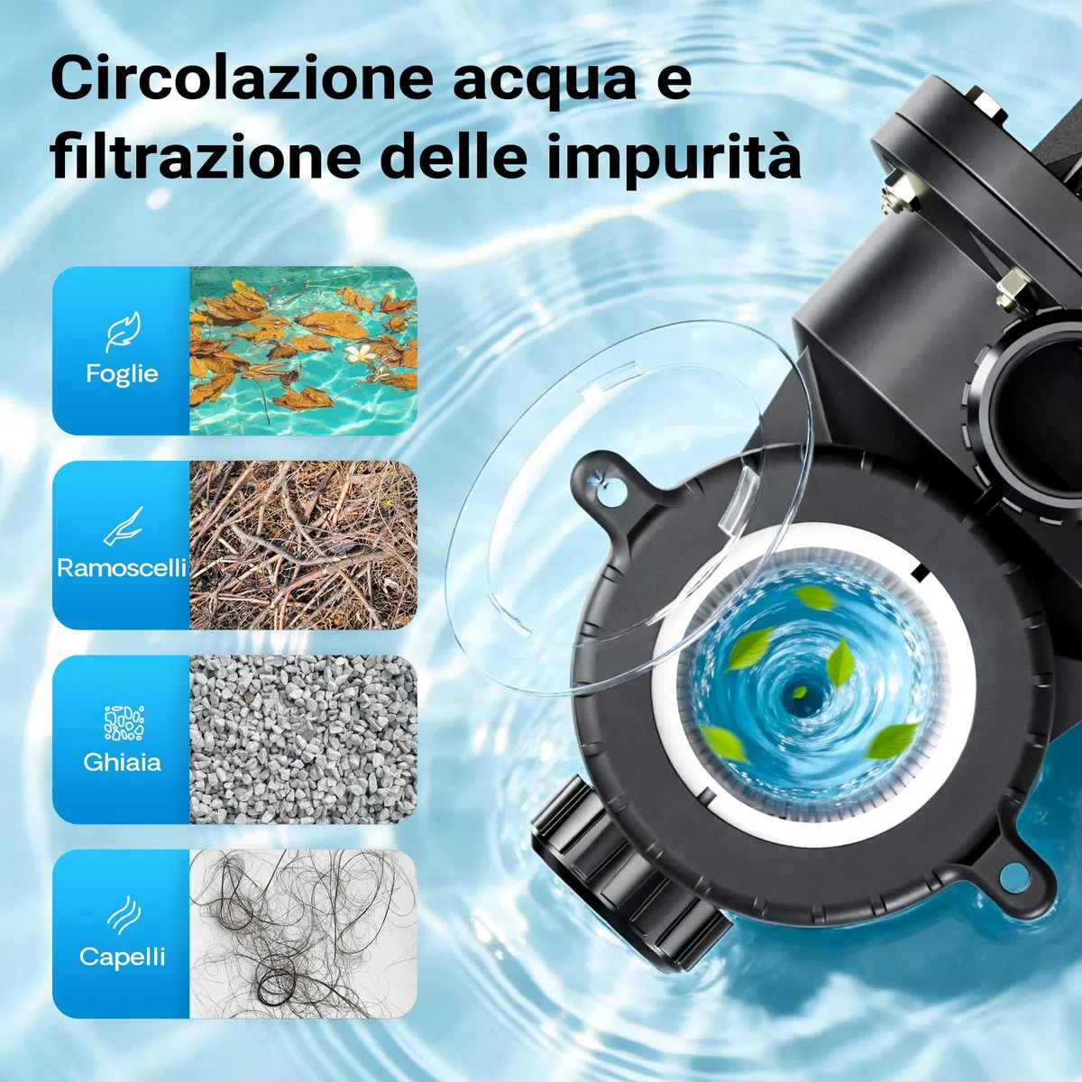 Wiltec Pompa per piscina da 18.600 l/h e 750 W per piscine da 74-110 m³, sistema di pompaggio con prevalenza di 13 m, pompa di ricircolo per piscine