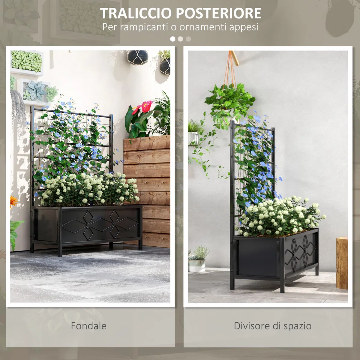 Outsunny Letto per Orto Rialzato da Esterno con Spalliera, Decorazione a Diamante, Fioriera con Traliccio per Piante Rampicanti in Acciaio con 2 Fori di Drenaggio, per Piante, Fiori, 90x40x120cm, Nero