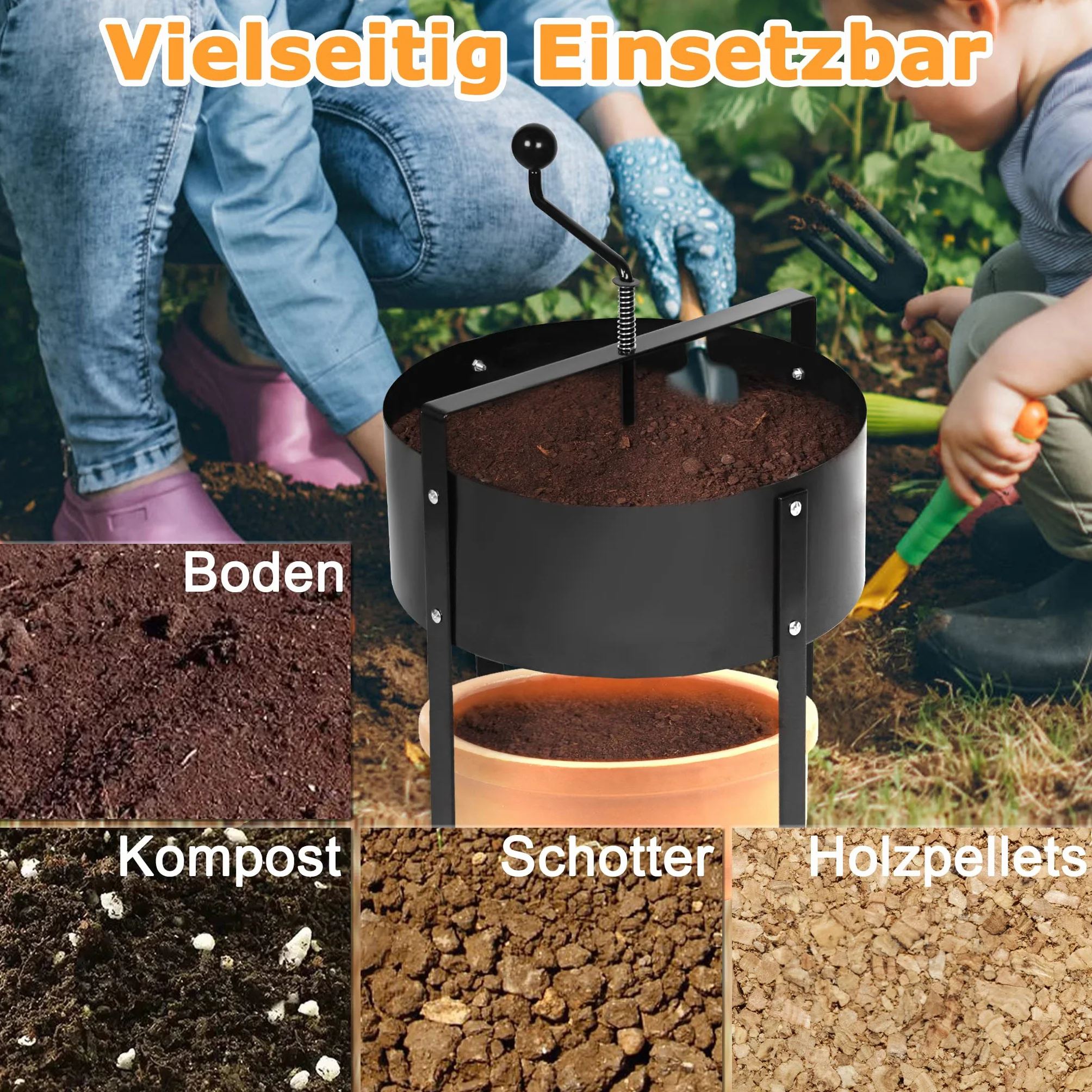 UISEBRT Setaccio da Giardino a manovella, Setaccio rotativo per compost, Ø 40 cm, in metallo, per pietre, compost, erbacce, sabbia, nero