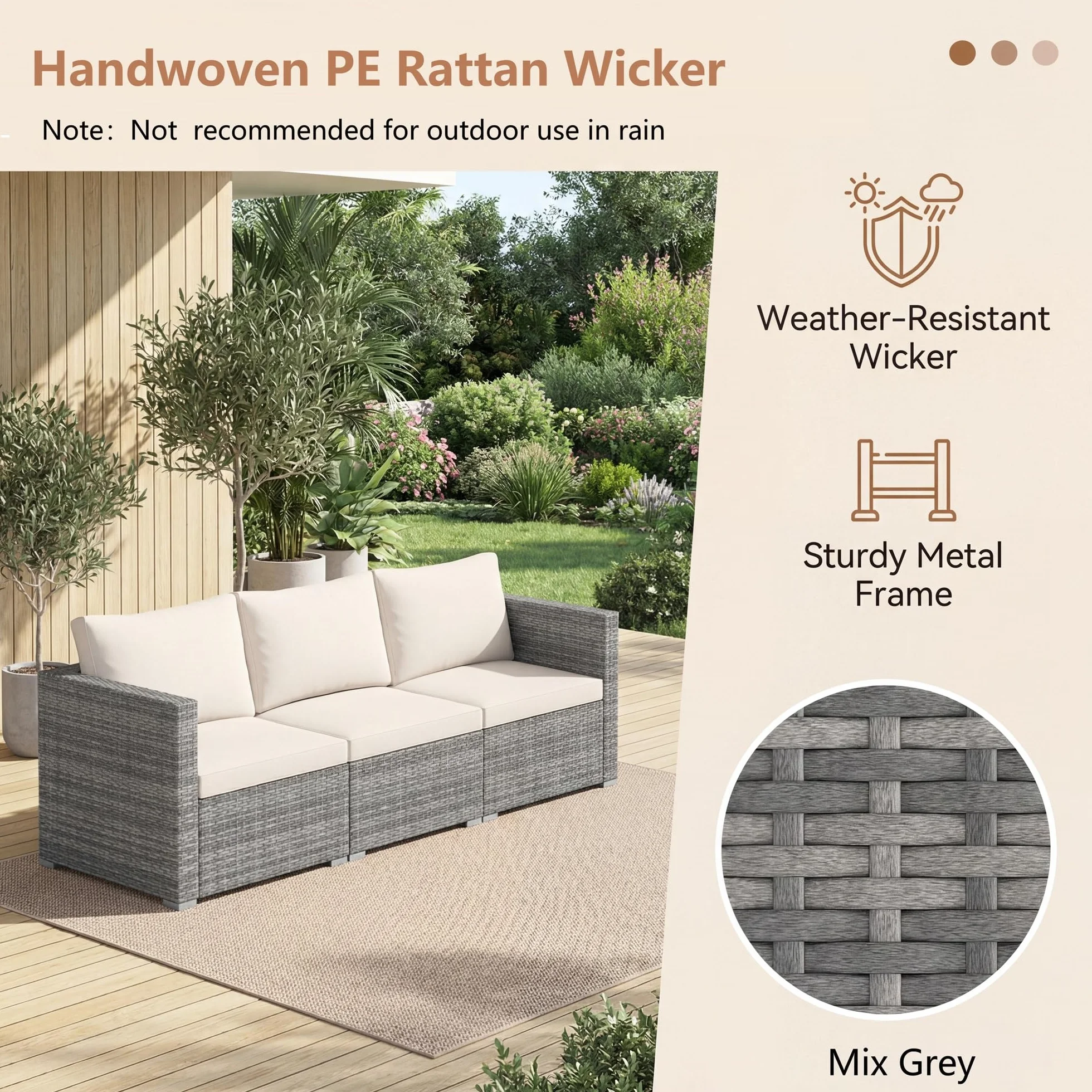 LIFEZEAL Divano da Giardino 3 Posti in Rattan PE, Divano da Esterno con Cuscini Inclusi, Salotto da Giardino Componibile Modulare per Terrazzo, Balcone e Cortile, 193 x 67 x 61,5 cm (Beige)