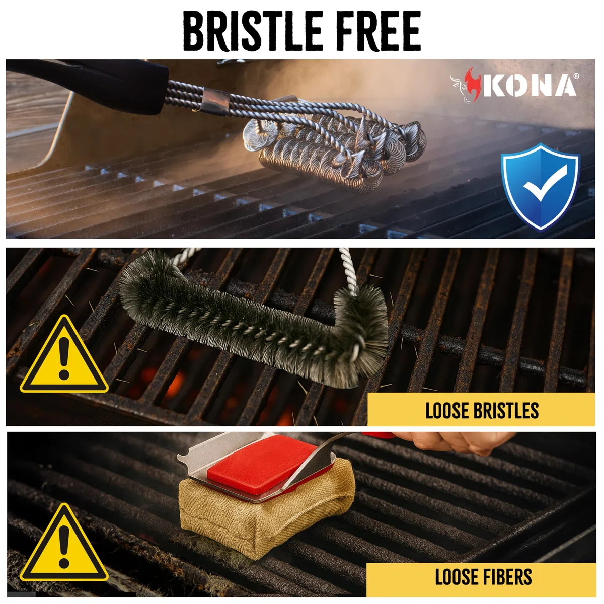 Kona Safe/Clean - Spazzola per barbecue senza setole, per barbecue all'aperto, 100% in acciaio inox, resistente alla ruggine, sicura per porcellana, ceramica, acciaio, ghisa, regalo per grigliate